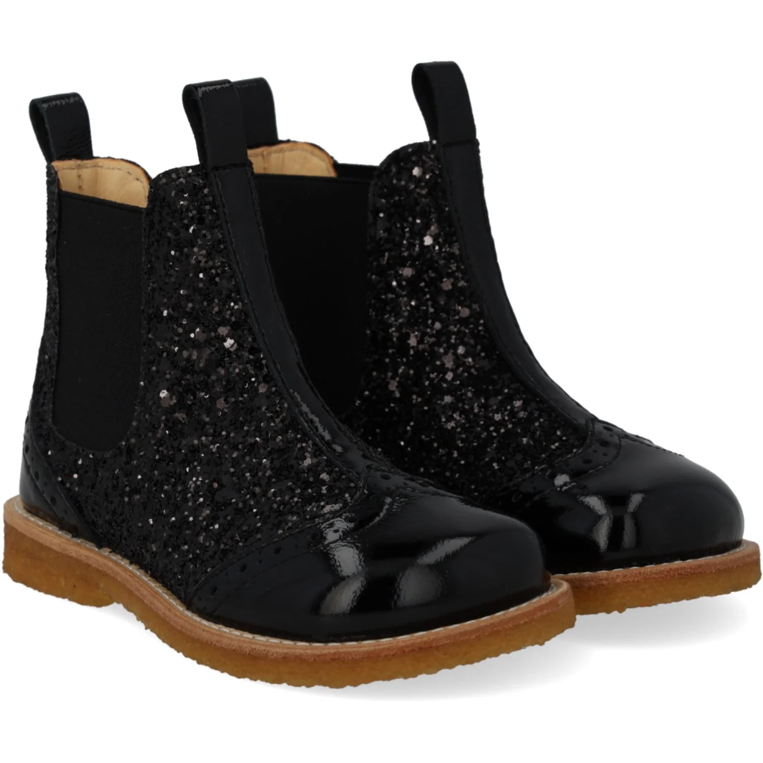 Angulus Black/Black Glitter/Black Elastic Chelsea Boot With Glitter Og Brogues Detaljer