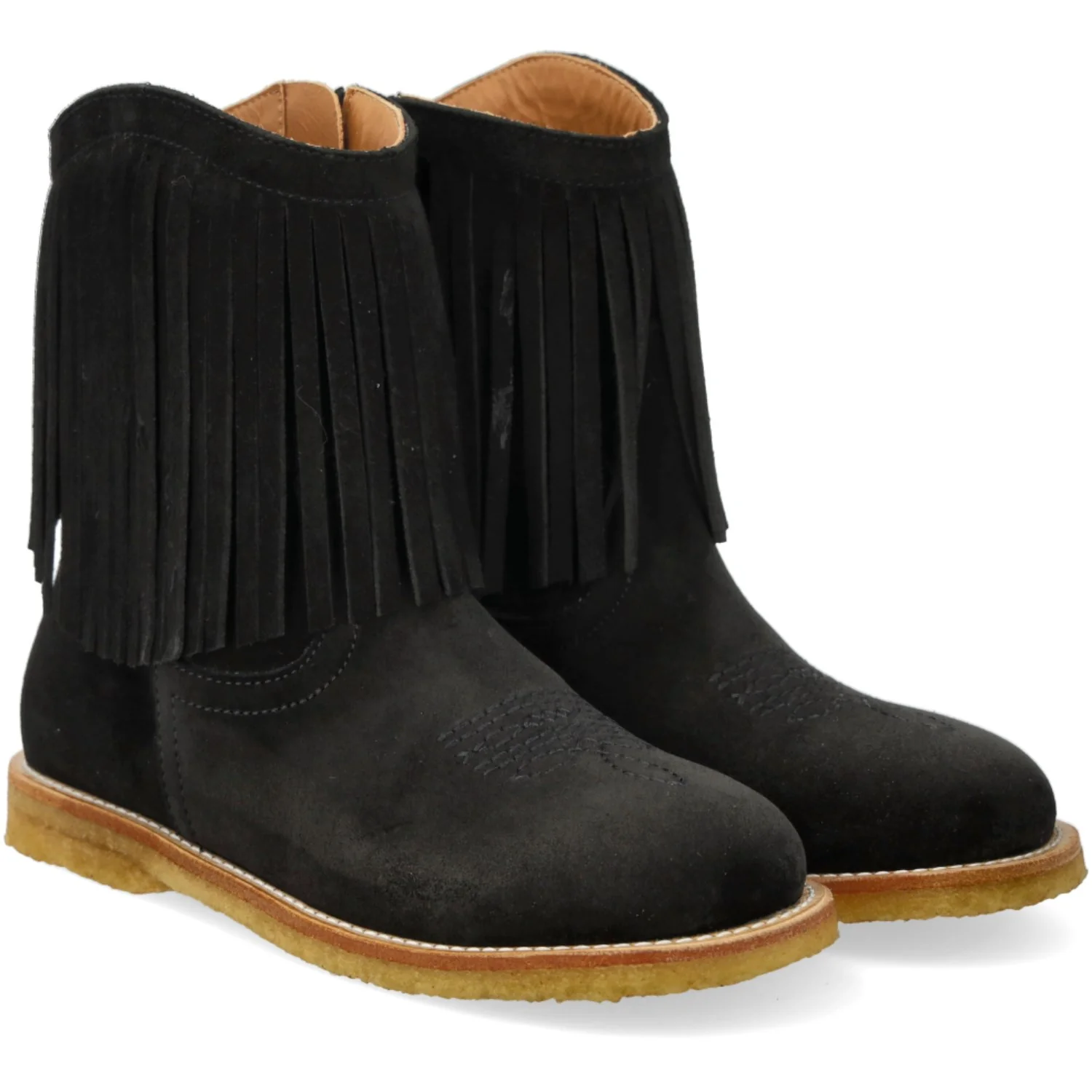 Angulus Black Fringed Cowboy Boot with Embroidery