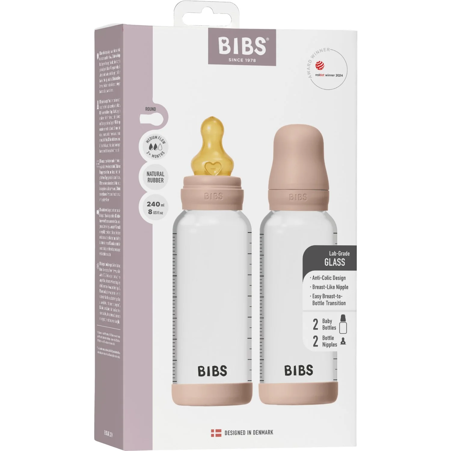 Bibs Blush Glass Baby Bottle Round Latex 2-Pack 240 Ml Medium Flow - Image 3