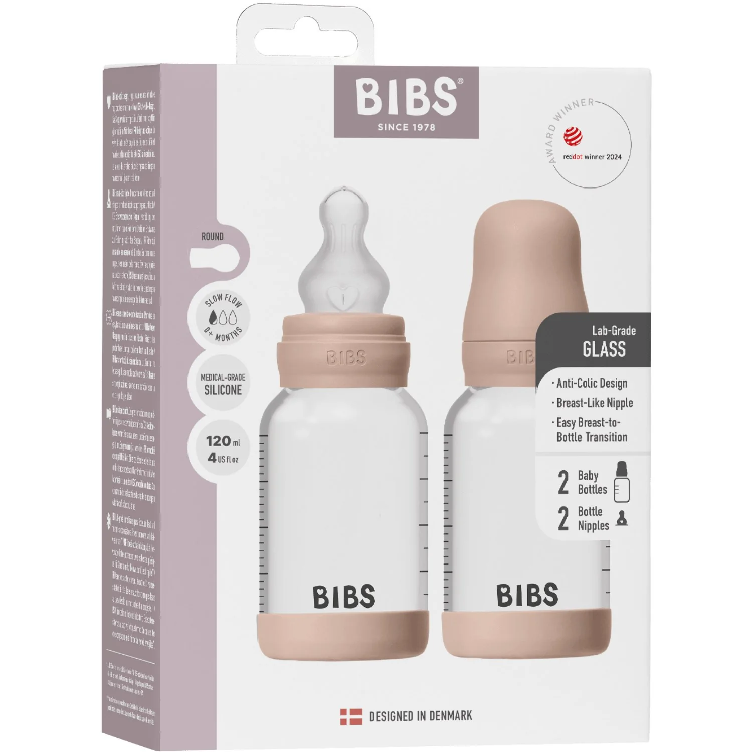 Bibs Blush Glass Baby Bottle Round Silicone 2-Pack 120 Ml Slow Flow - Image 3