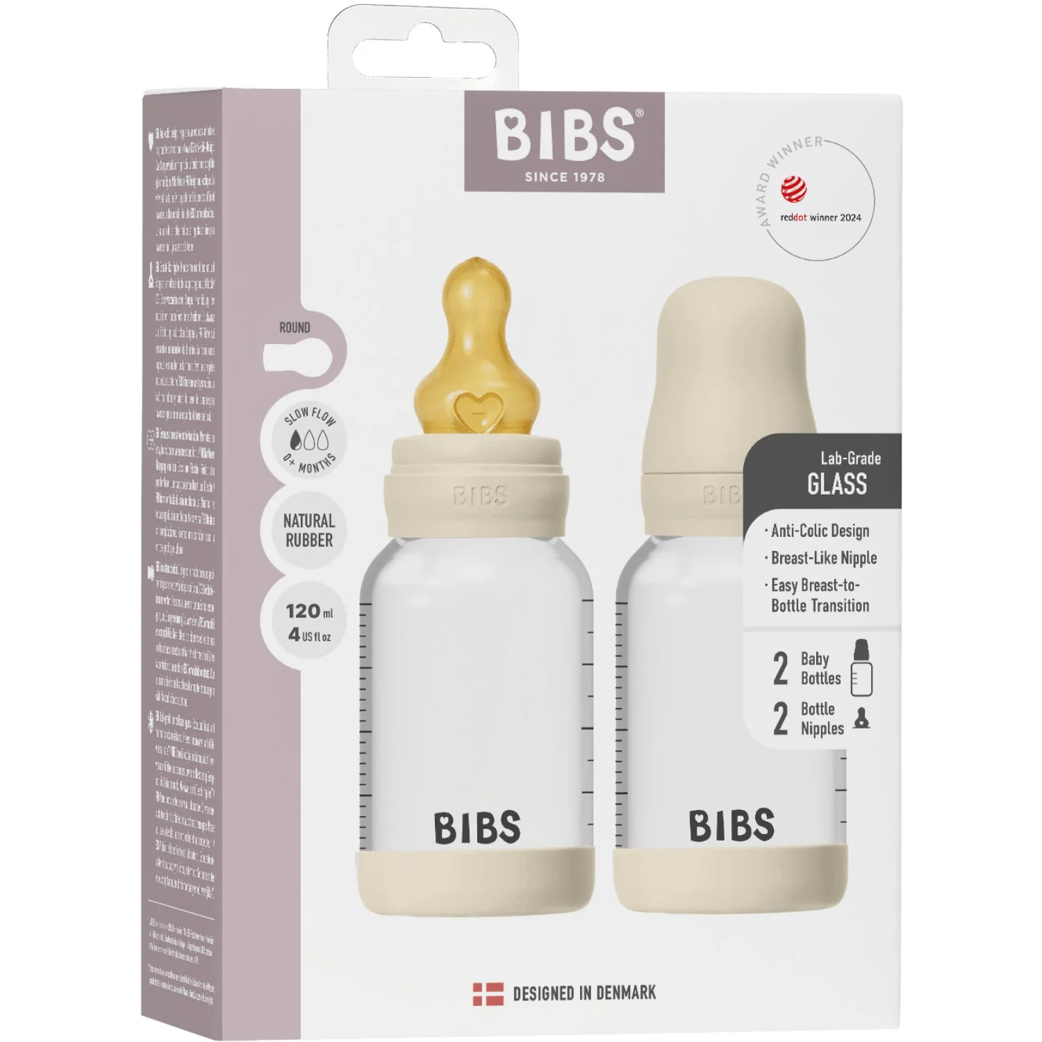 Bibs Ivory Glass Baby Bottle Round Latex 2-Pack 120 Ml Slow Flow - Image 3
