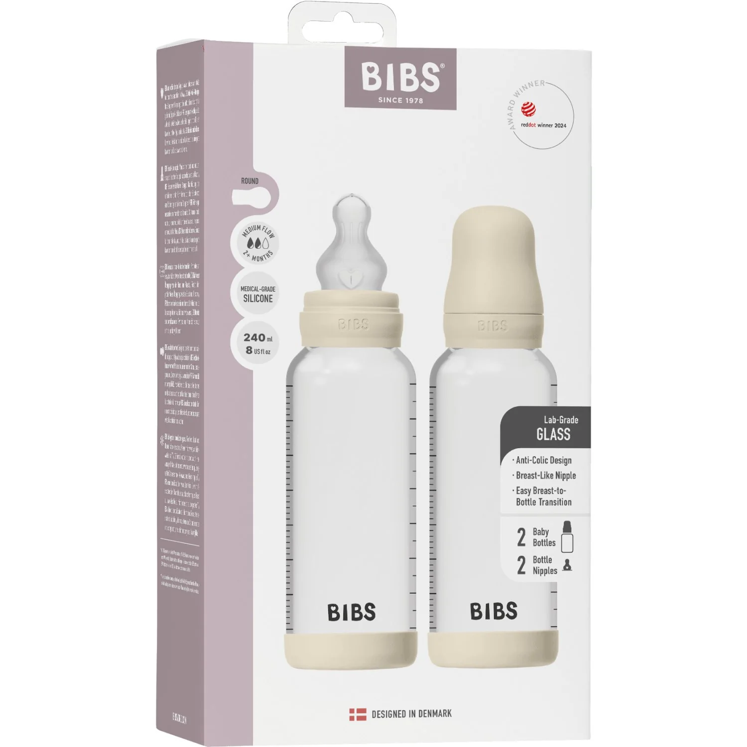Bibs Ivory Glass Baby Bottle Round Silicone 2-Pack 240 Ml Medium Flow - Image 3