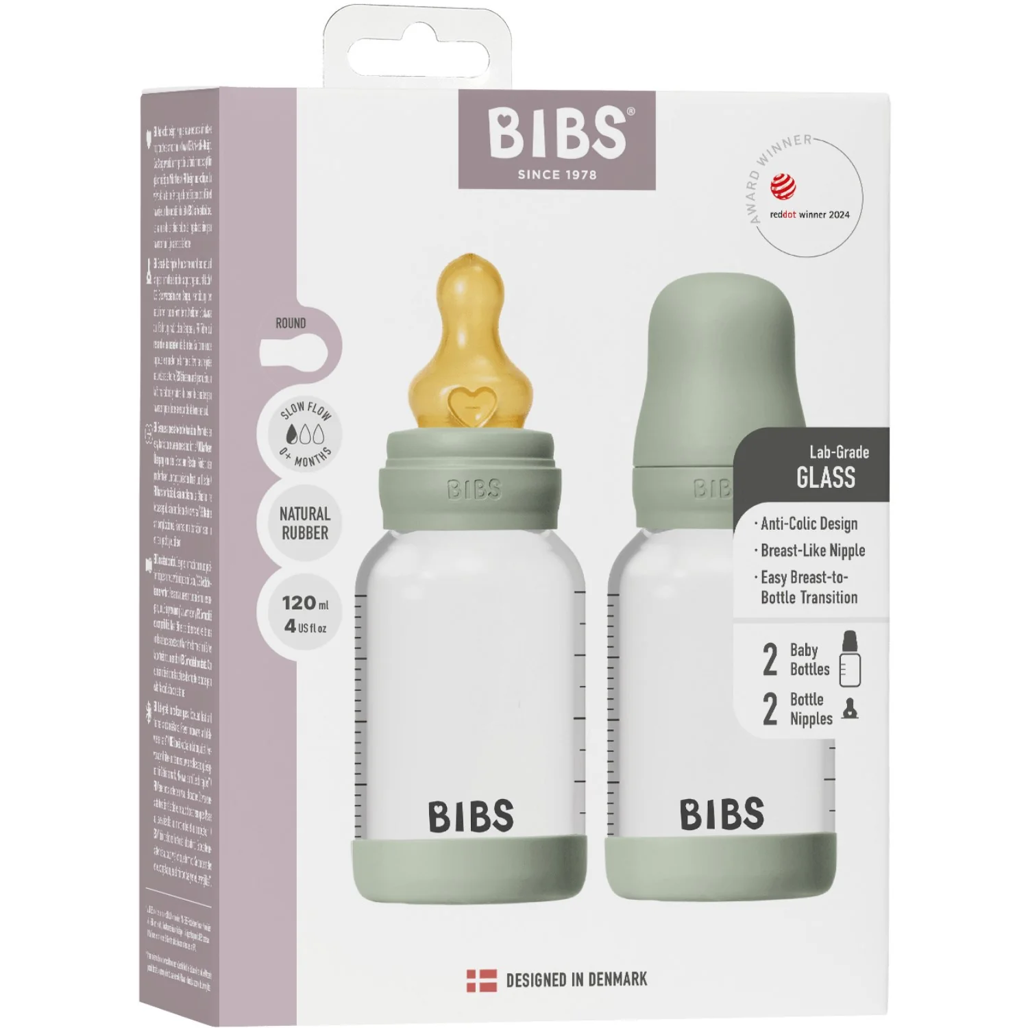 Bibs Sage Glass Baby Bottle Round Latex 2-Pack 120 Ml Slow Flow - Image 3