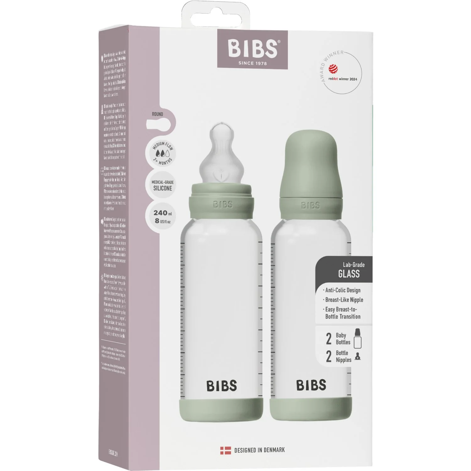 Bibs Sage Glass Baby Bottle Round Silicone 2-Pack 240 Ml Medium Flow - Image 3