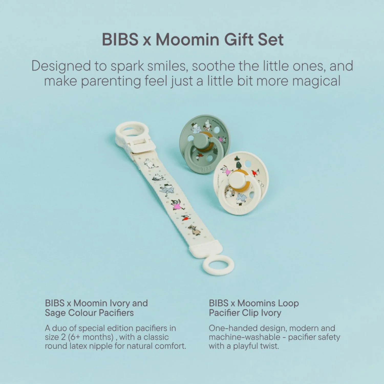 Bibs X Moomin Ivory/sage Colour Pacifier & Loop Clip Gift Set Latex - Image 5