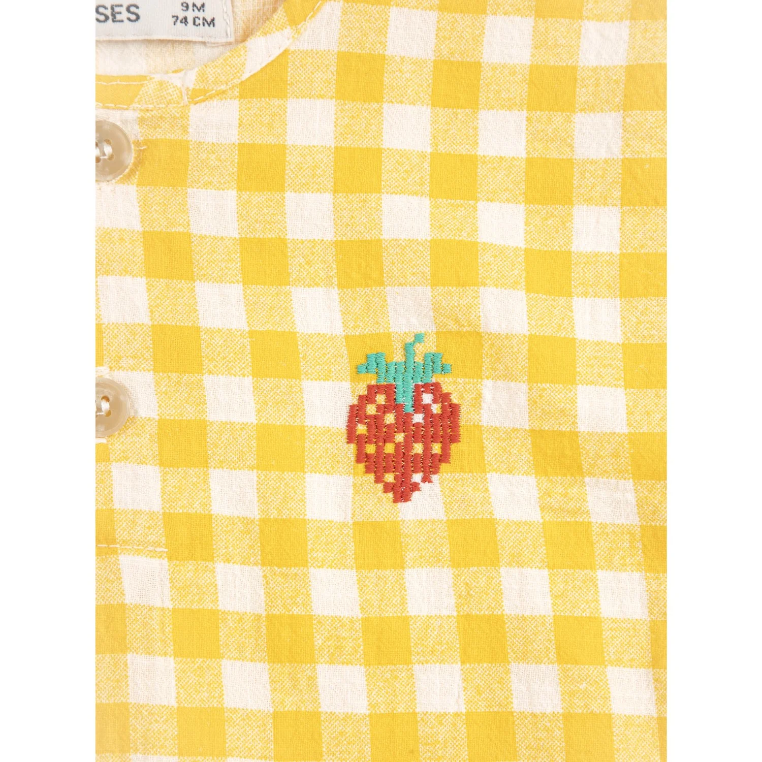Bobo Choses Yellow Pixel Strawberry Vichy Woven Blouse - Image 2