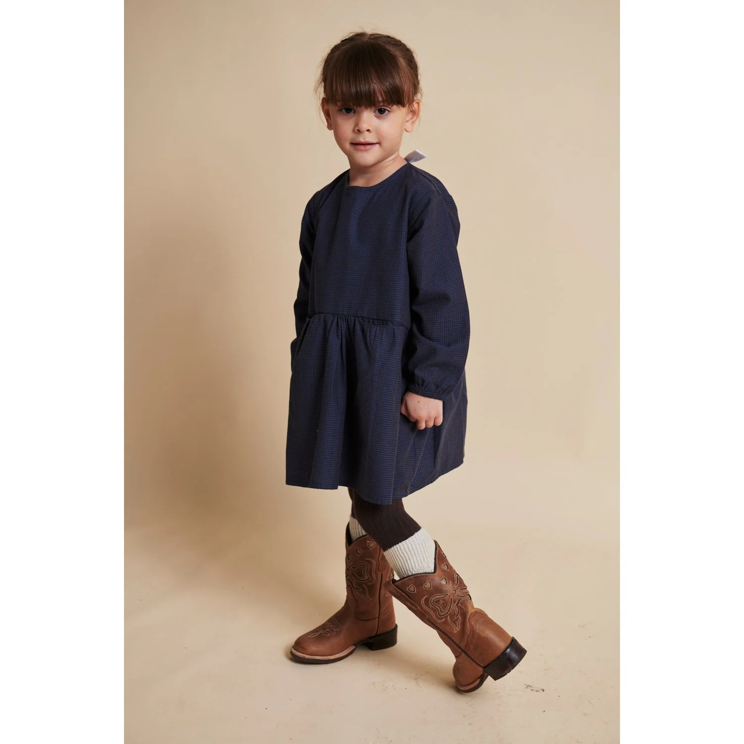 COPENHAGEN COLORS Brown/Blue Check Comb. Checkered Dress W. Backside Bow - Image 2