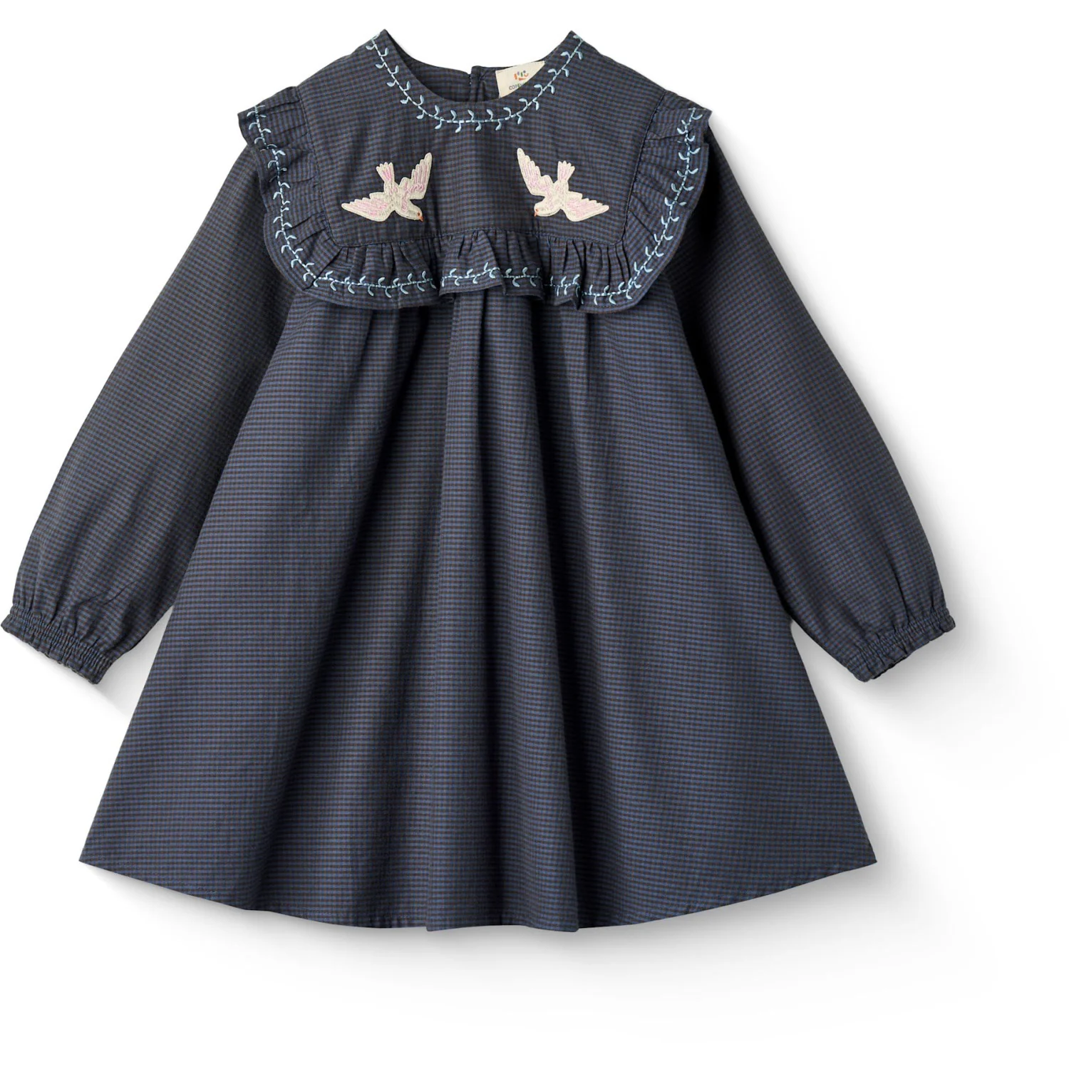 COPENHAGEN COLORS Brown/Blue Check Comb. Checkered Dress W. Embroidery And Ruffle