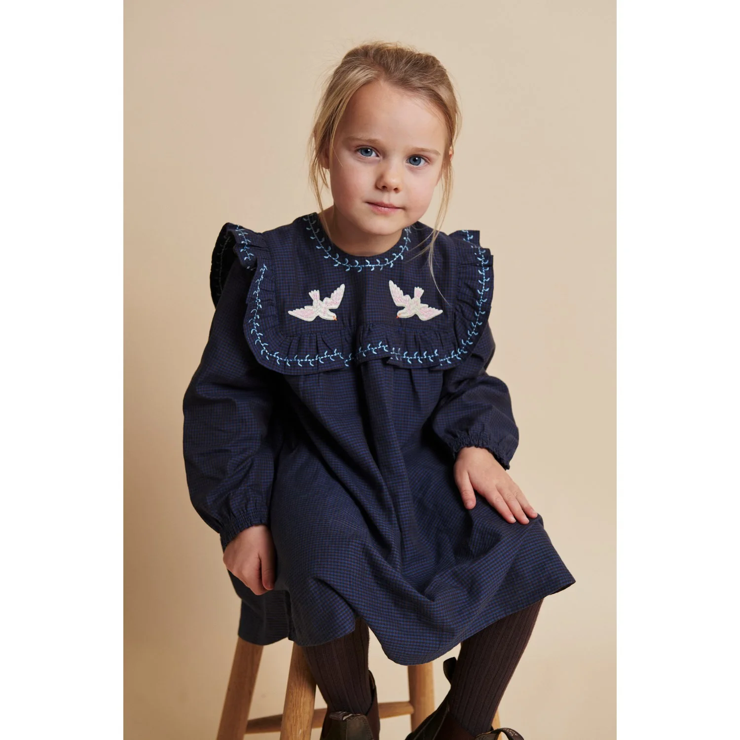 COPENHAGEN COLORS Brown/Blue Check Comb. Checkered Dress W. Embroidery And Ruffle - Image 3