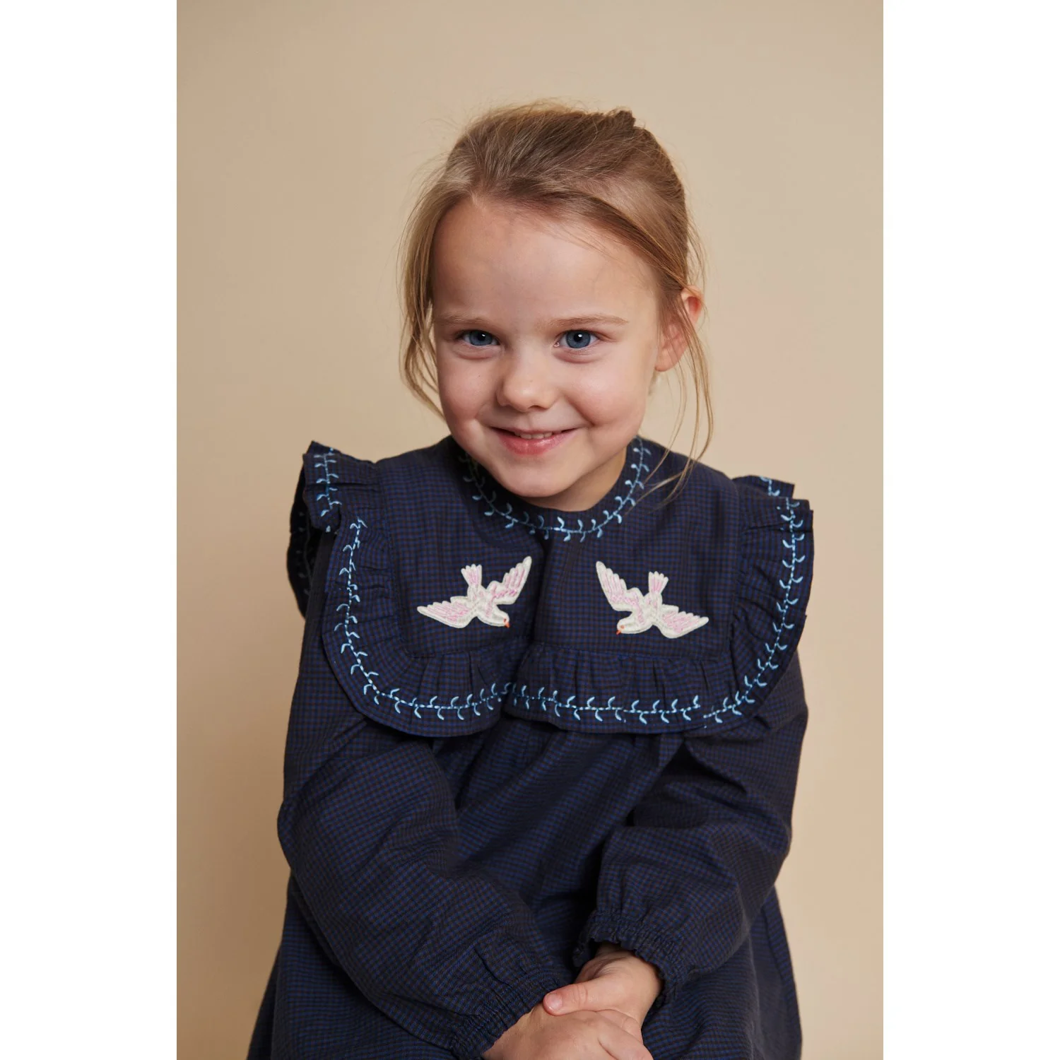 COPENHAGEN COLORS Brown/Blue Check Comb. Checkered Dress W. Embroidery And Ruffle - Image 4