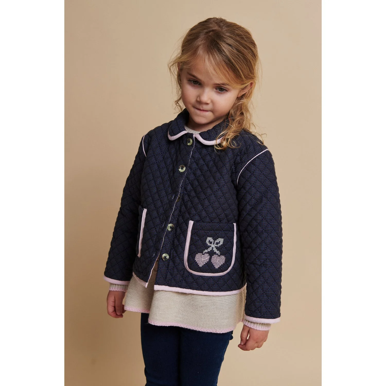 COPENHAGEN COLORS Brown/Blue Check Comb. Checkered Quilted Jacket W. Embroidery - Image 2