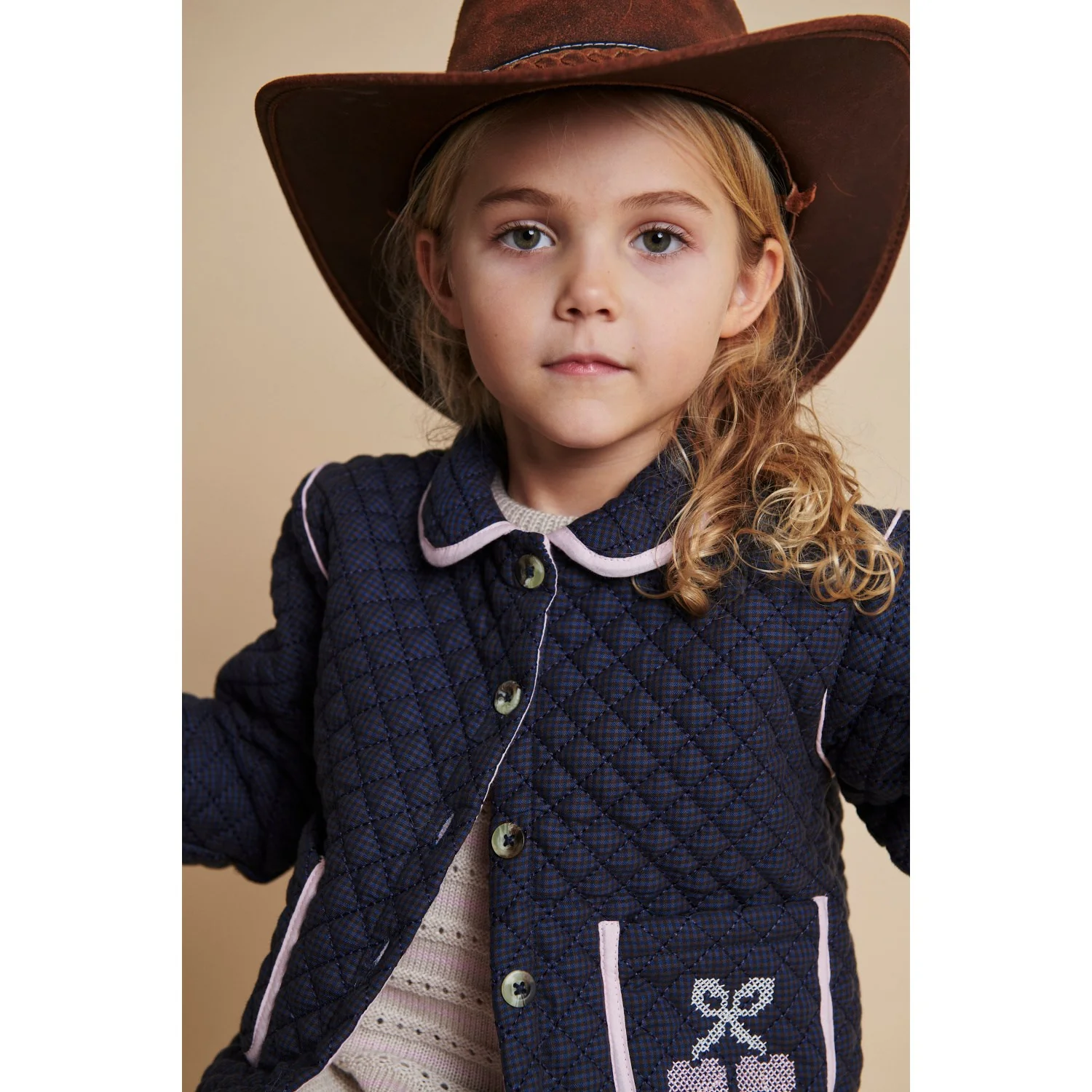 COPENHAGEN COLORS Brown/Blue Check Comb. Checkered Quilted Jacket W. Embroidery - Image 4