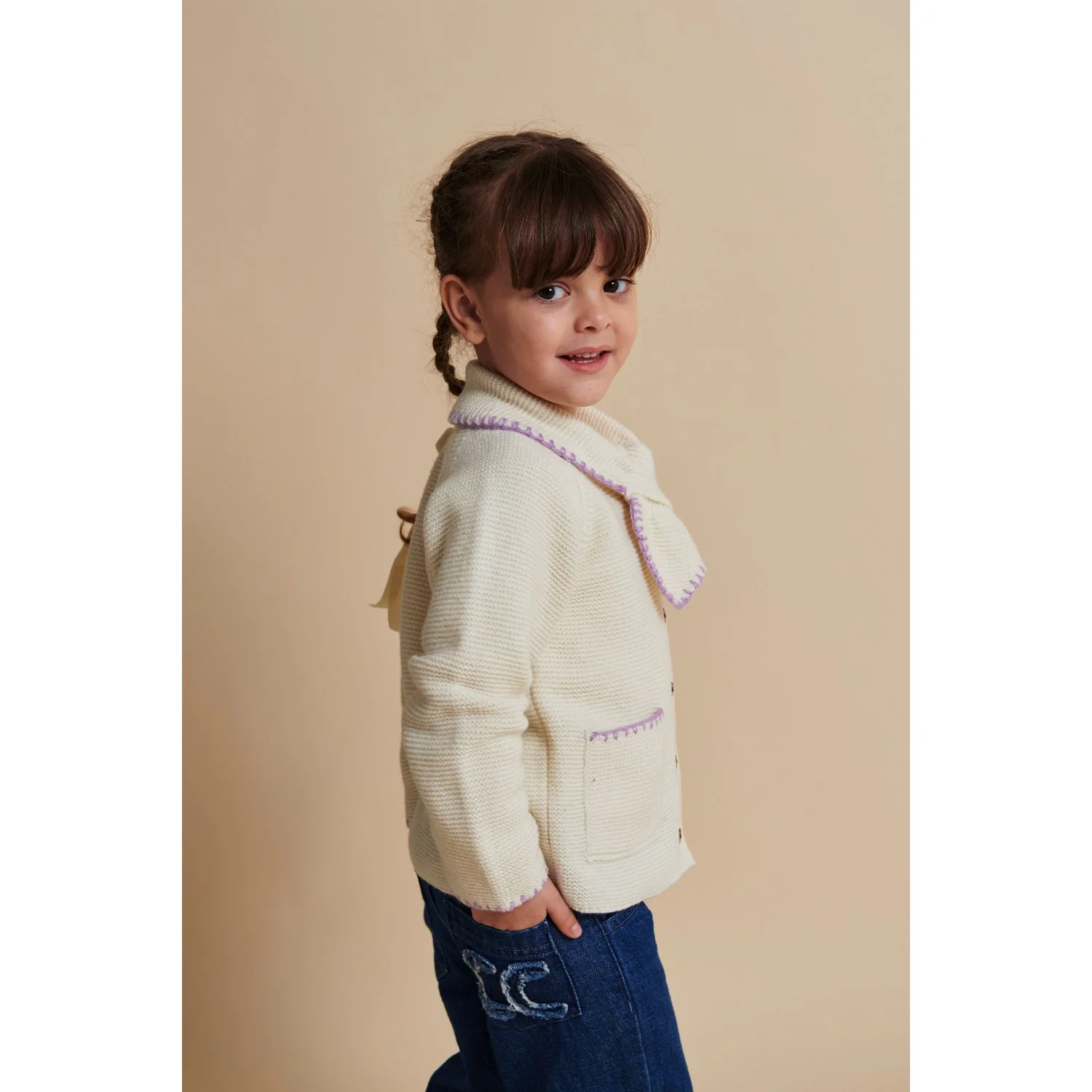 COPENHAGEN COLORS Cream/Lavender Comb Lambswool Cardigan W. Collar - Image 3