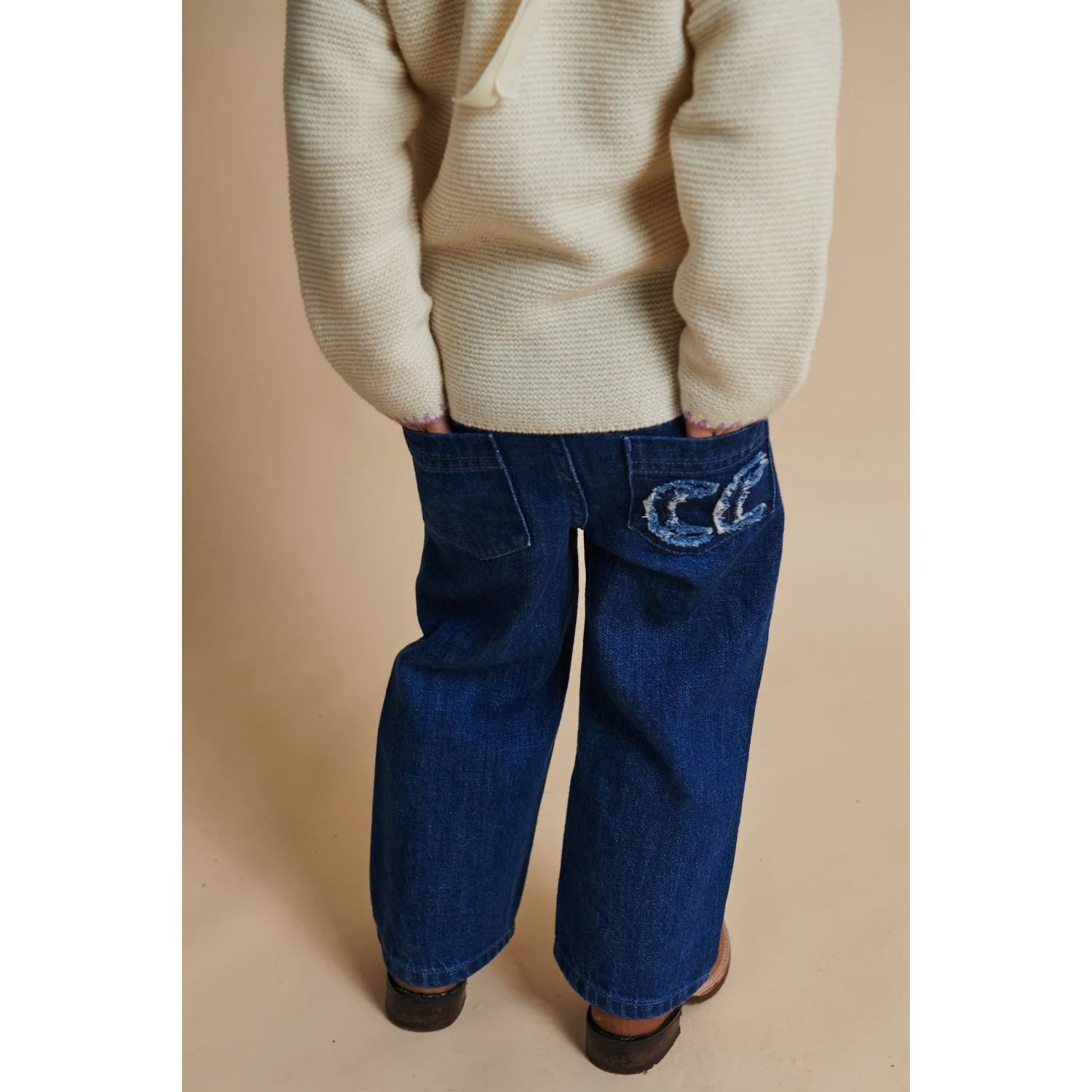 COPENHAGEN COLORS Dark Indigo Blue Washed Organic Denim Pants W. Pocket Embroidery & Wide Leg - Image 2