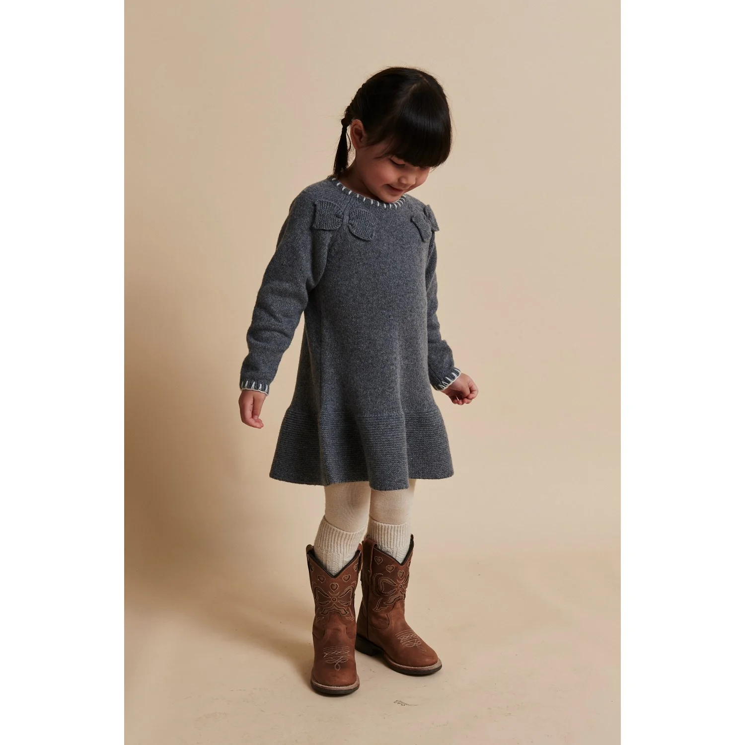 COPENHAGEN COLORS Dk Grey/Cream Comb. Lambswool Dress W. Bow - Image 2