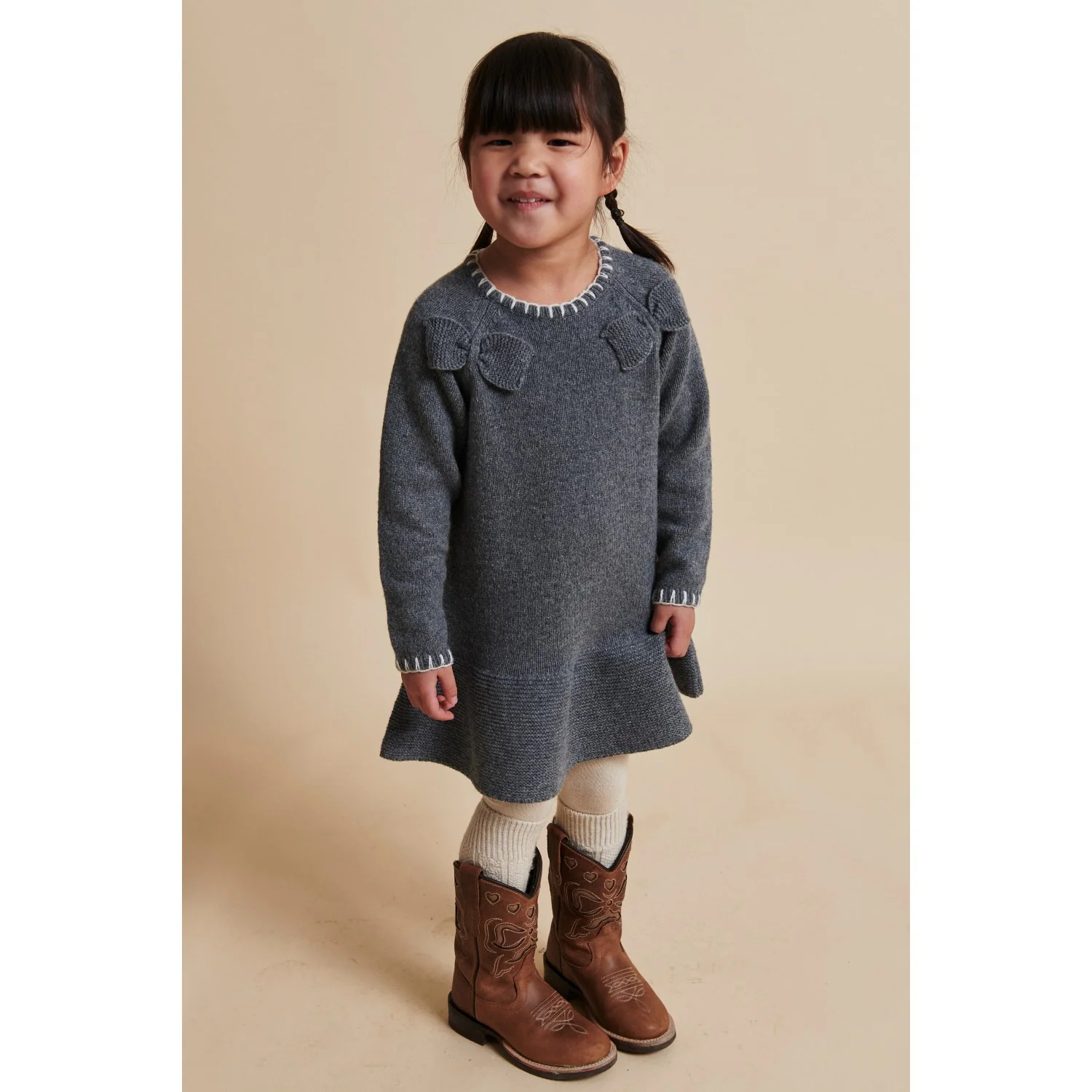 COPENHAGEN COLORS Dk Grey/Cream Comb. Lambswool Dress W. Bow - Image 4