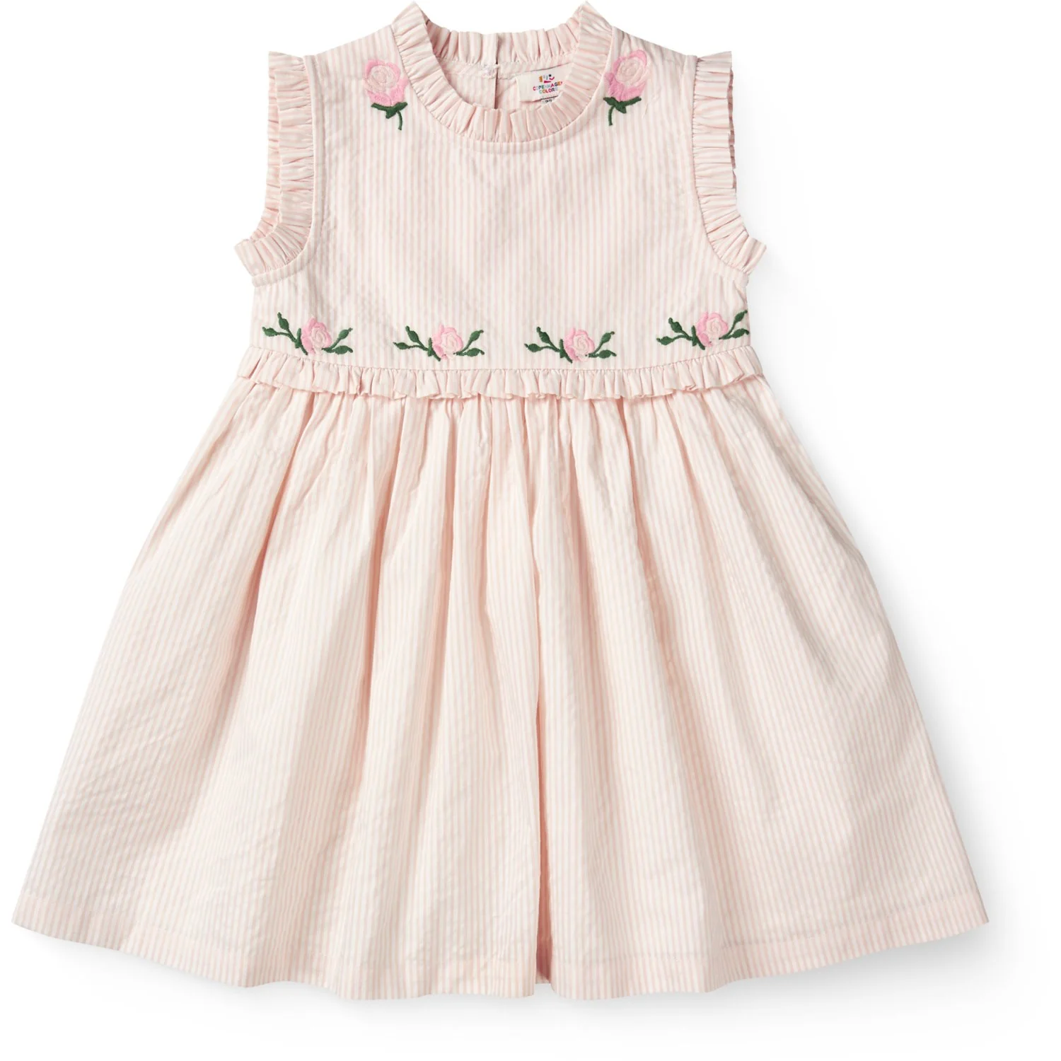 COPENHAGEN COLORS Dusty Rose W Cream Stripe Seersucker Dress W. Ruffles And Emb.