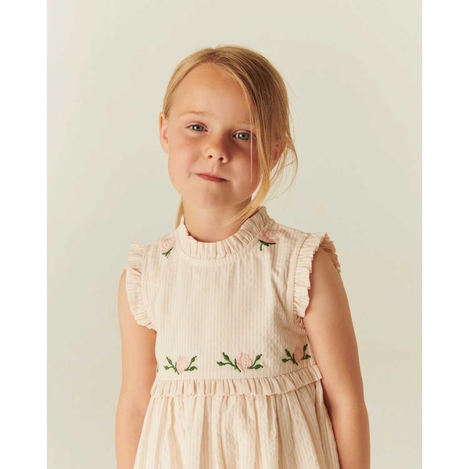 COPENHAGEN COLORS Dusty Rose W Cream Stripe Seersucker Dress W. Ruffles And Emb. - Image 2
