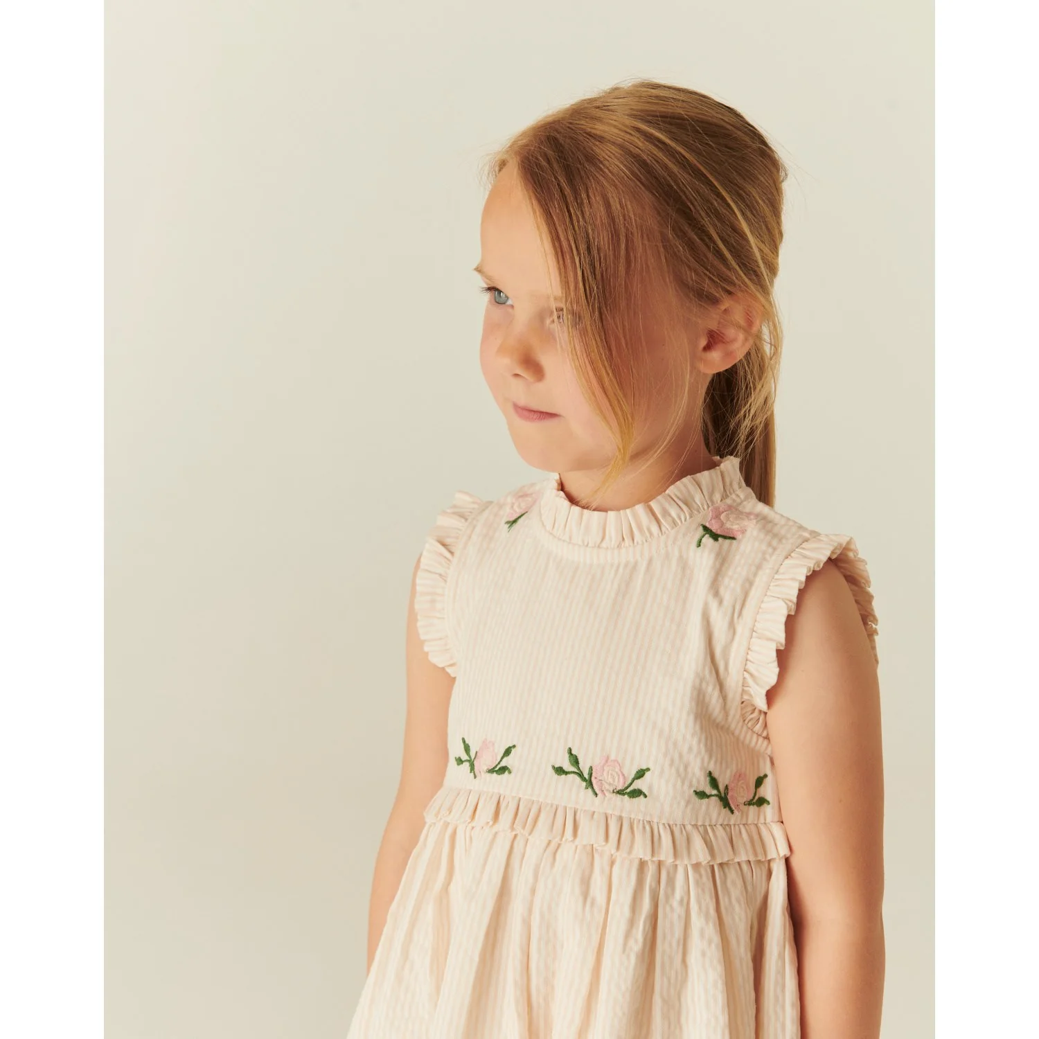 COPENHAGEN COLORS Dusty Rose W Cream Stripe Seersucker Dress W. Ruffles And Emb. - Image 3