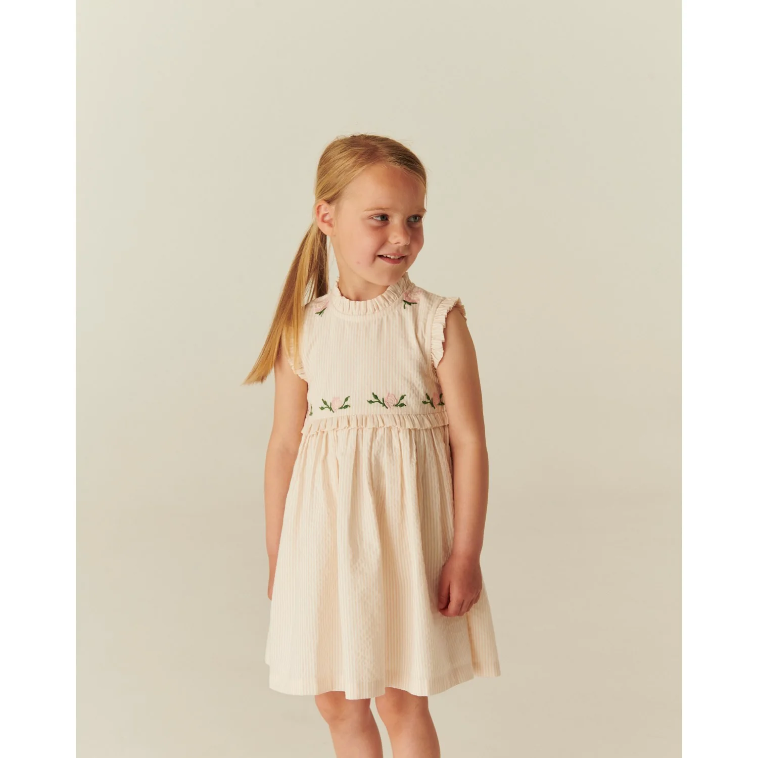 COPENHAGEN COLORS Dusty Rose W Cream Stripe Seersucker Dress W. Ruffles And Emb. - Image 4