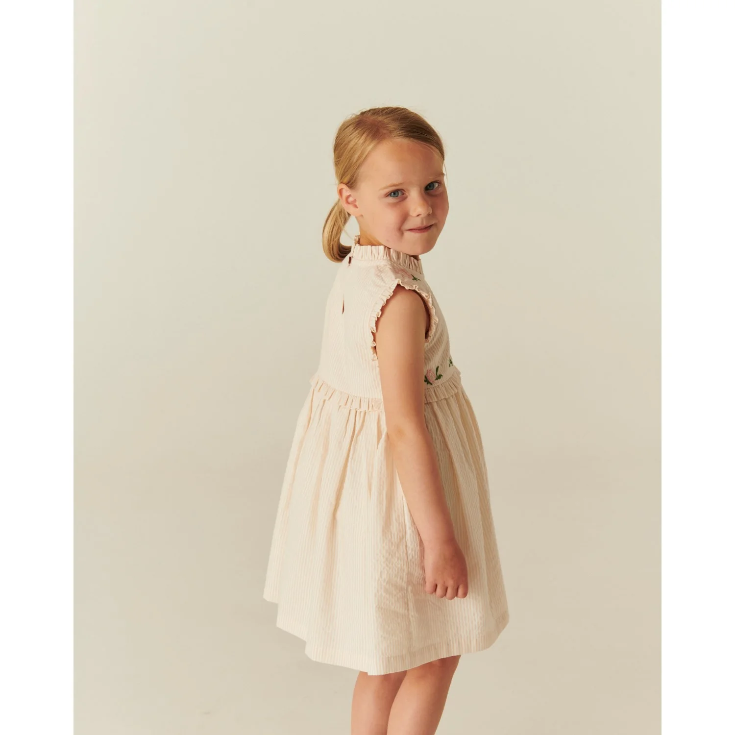 COPENHAGEN COLORS Dusty Rose W Cream Stripe Seersucker Dress W. Ruffles And Emb. - Image 5