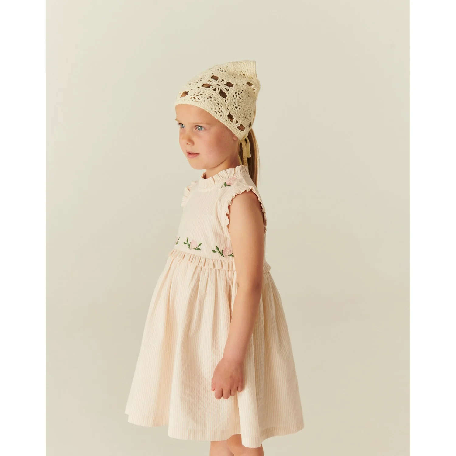 COPENHAGEN COLORS Dusty Rose W Cream Stripe Seersucker Dress W. Ruffles And Emb. - Image 6