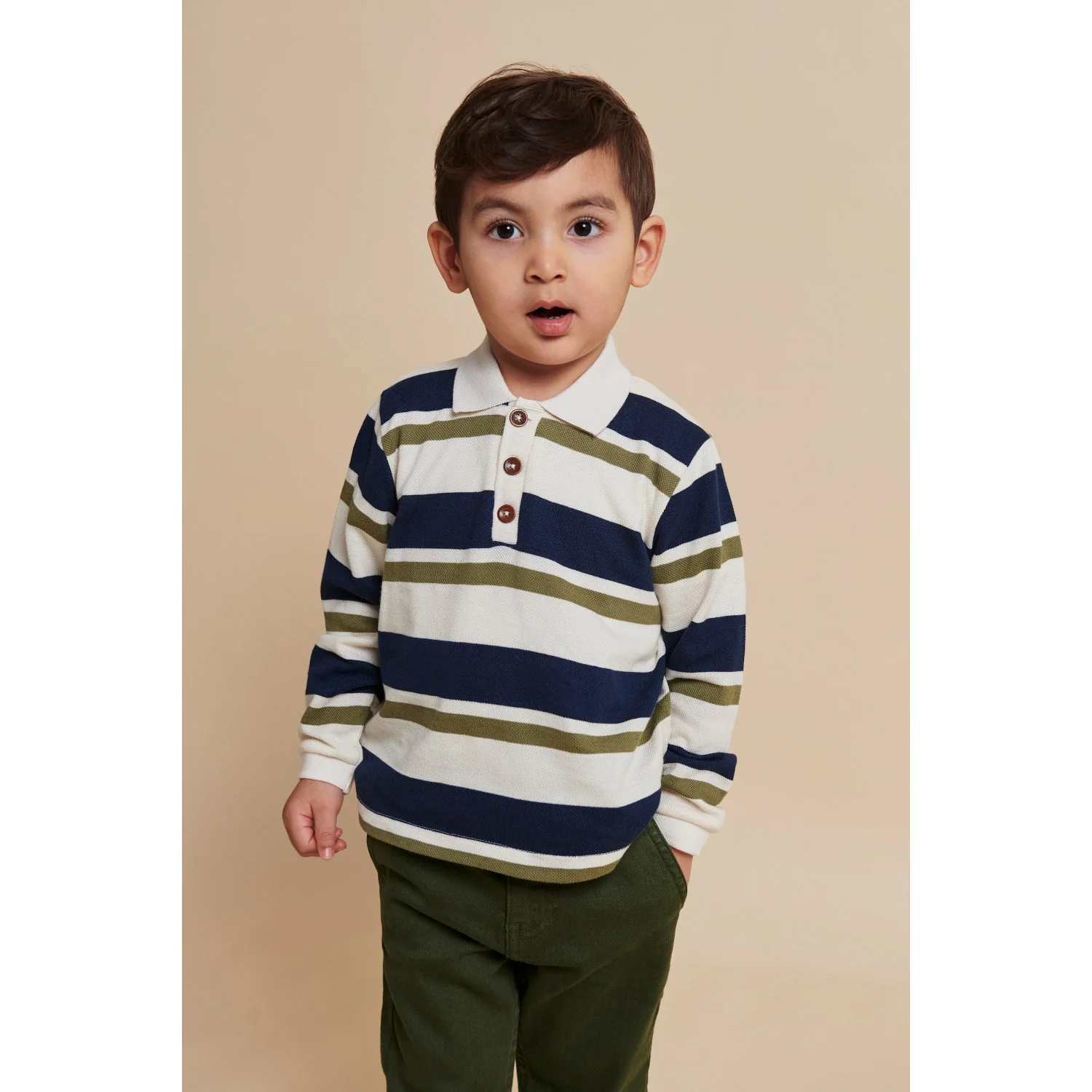 COPENHAGEN COLORS Green Combi Striped Pique Polo Blouse - Image 2