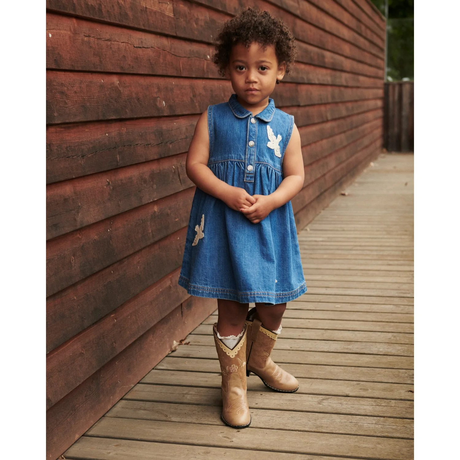 COPENHAGEN COLORS Indigo Blue Washed Denim Dress W. Crochet Doves - Image 3