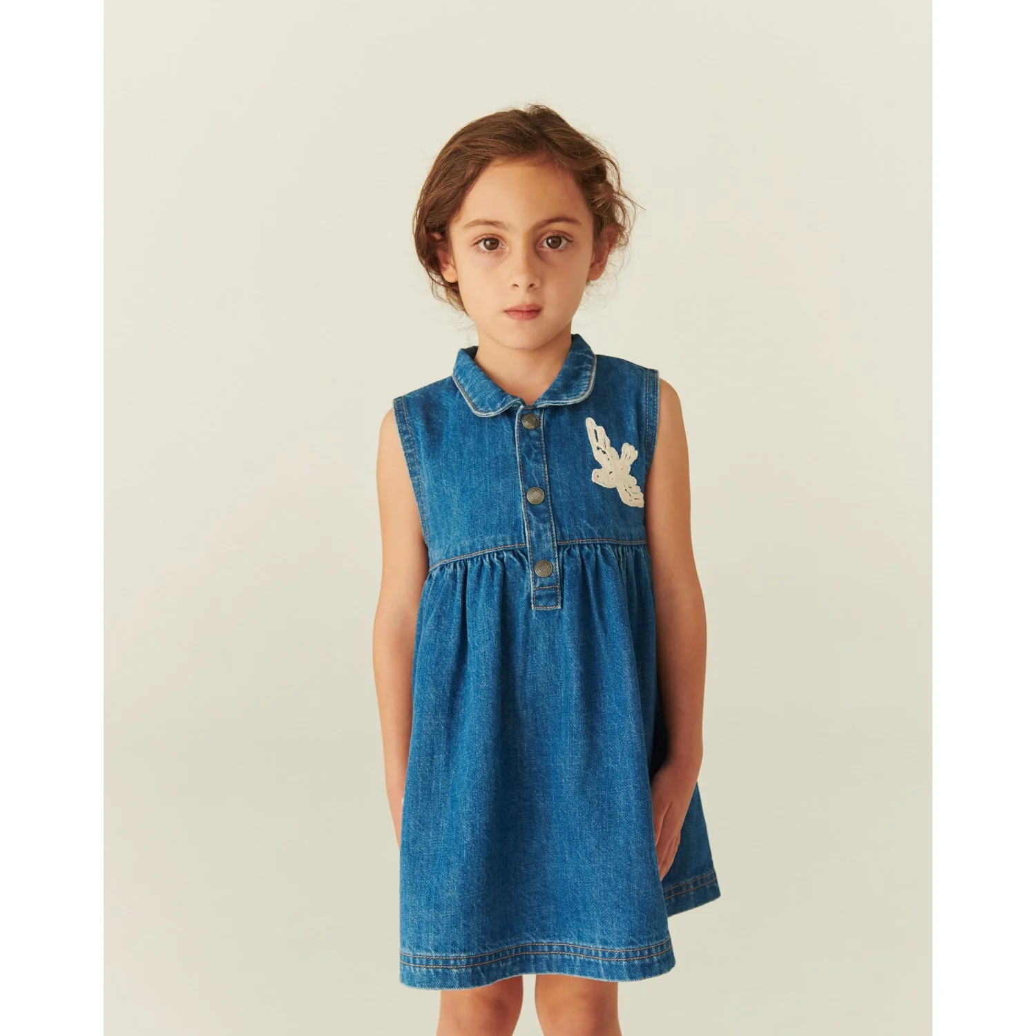 COPENHAGEN COLORS Indigo Blue Washed Denim Dress W. Crochet Doves - Image 4