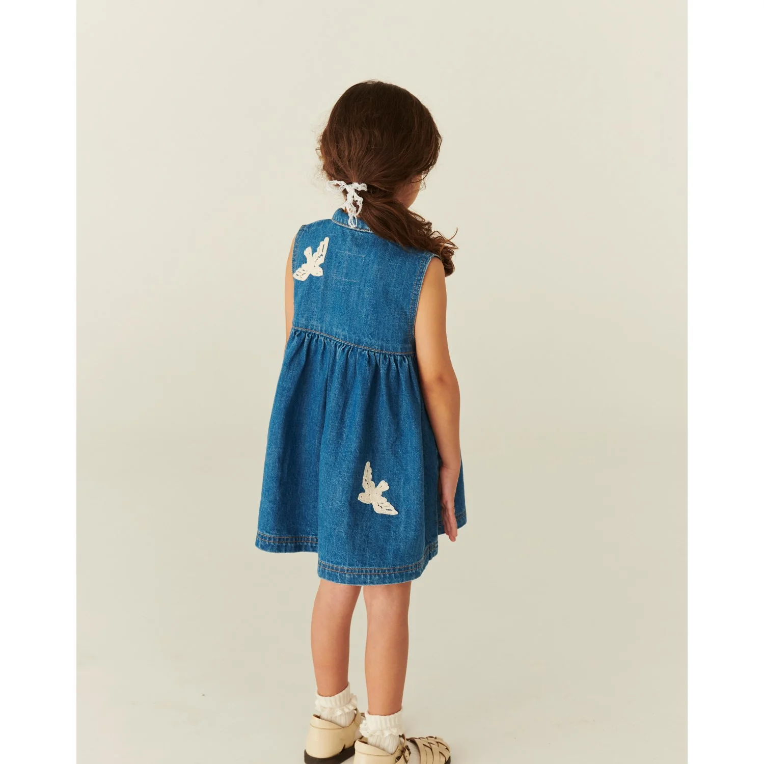 COPENHAGEN COLORS Indigo Blue Washed Denim Dress W. Crochet Doves - Image 7