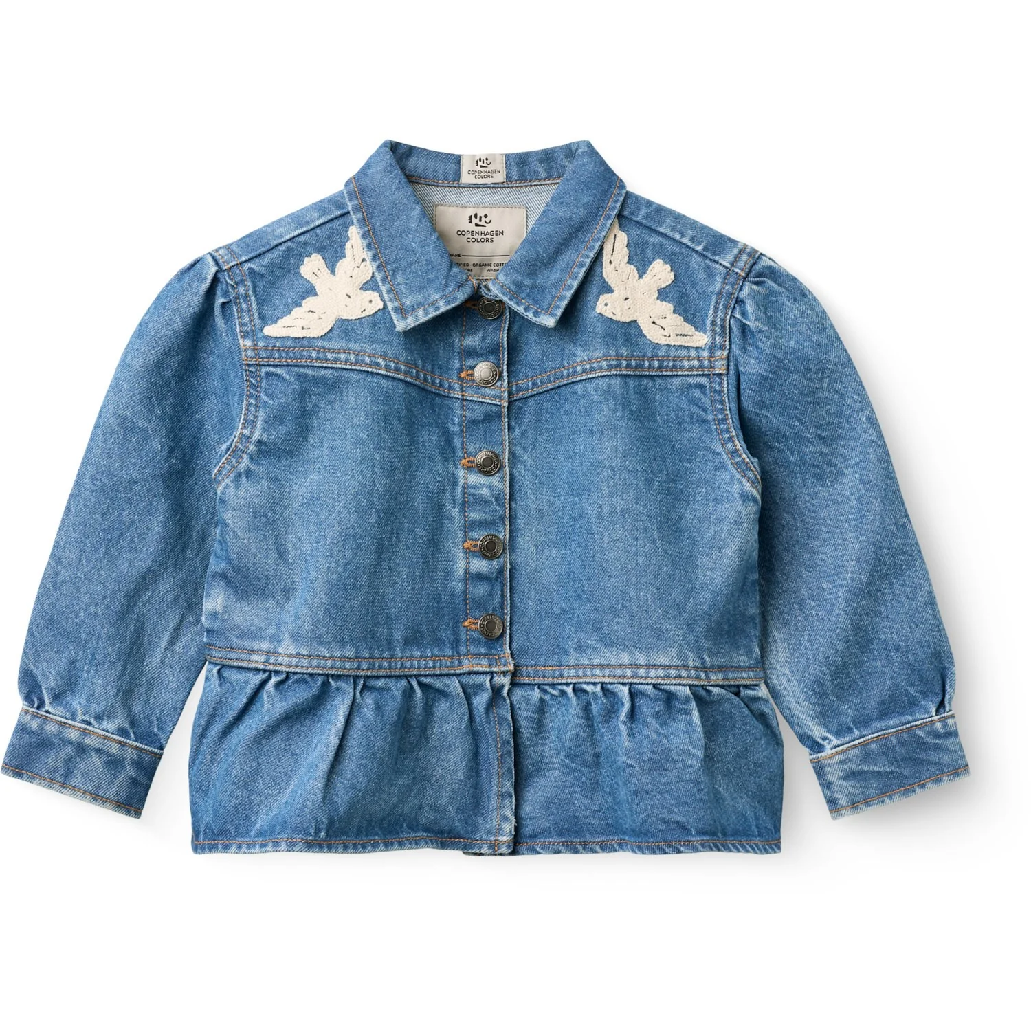 COPENHAGEN COLORS Indigo Blue Washed Denim Frill Jacket W. Crochet Doves - Image 11