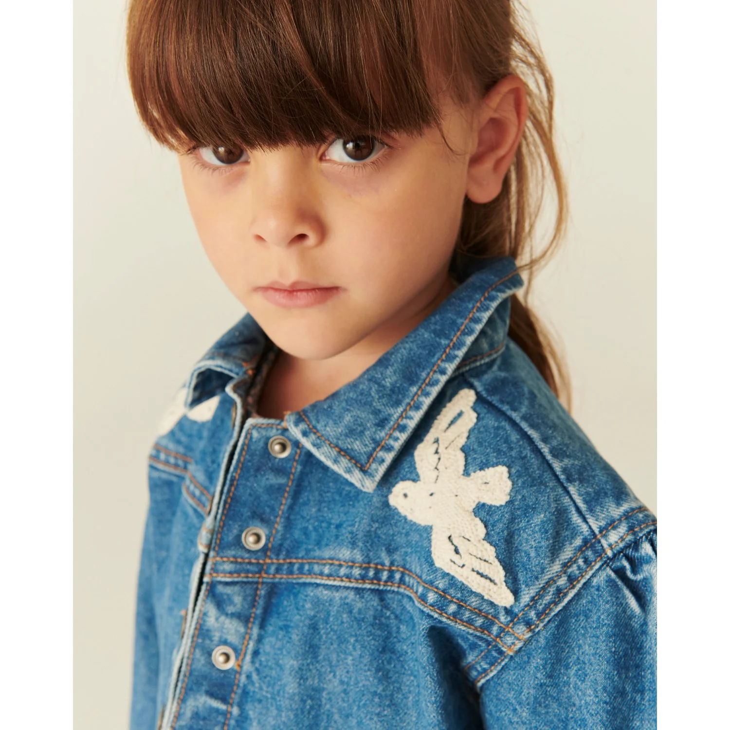 COPENHAGEN COLORS Indigo Blue Washed Denim Frill Jacket W. Crochet Doves - Image 12