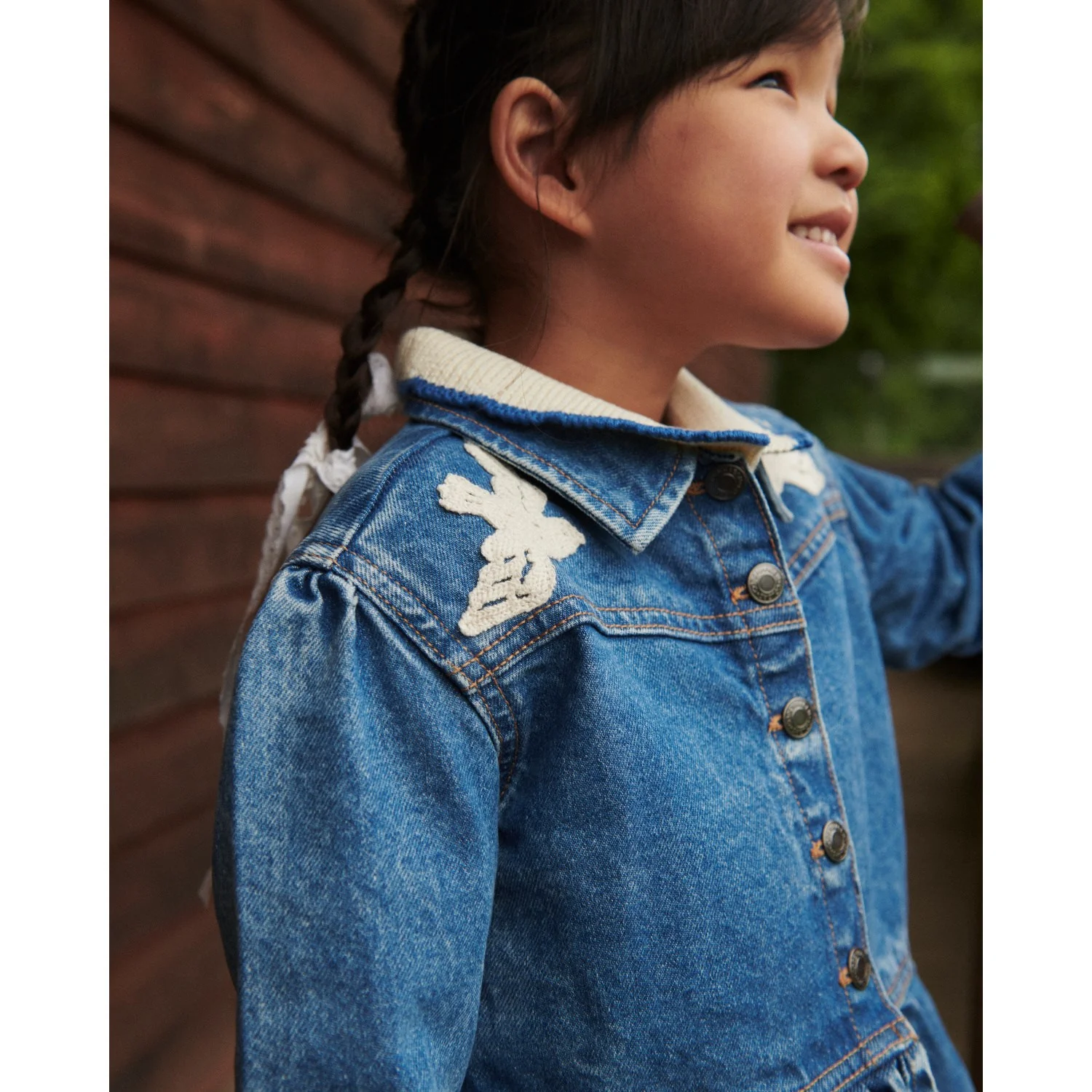 COPENHAGEN COLORS Indigo Blue Washed Denim Frill Jacket W. Crochet Doves - Image 14