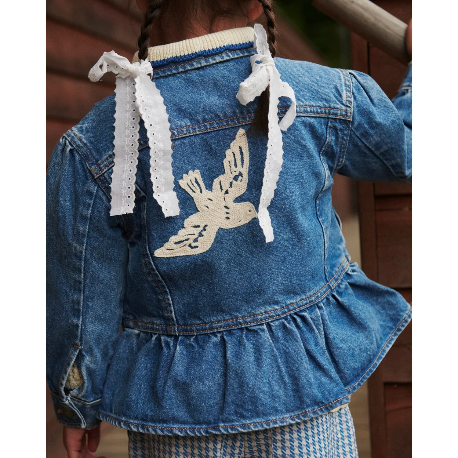 COPENHAGEN COLORS Indigo Blue Washed Denim Frill Jacket W. Crochet Doves - Image 15