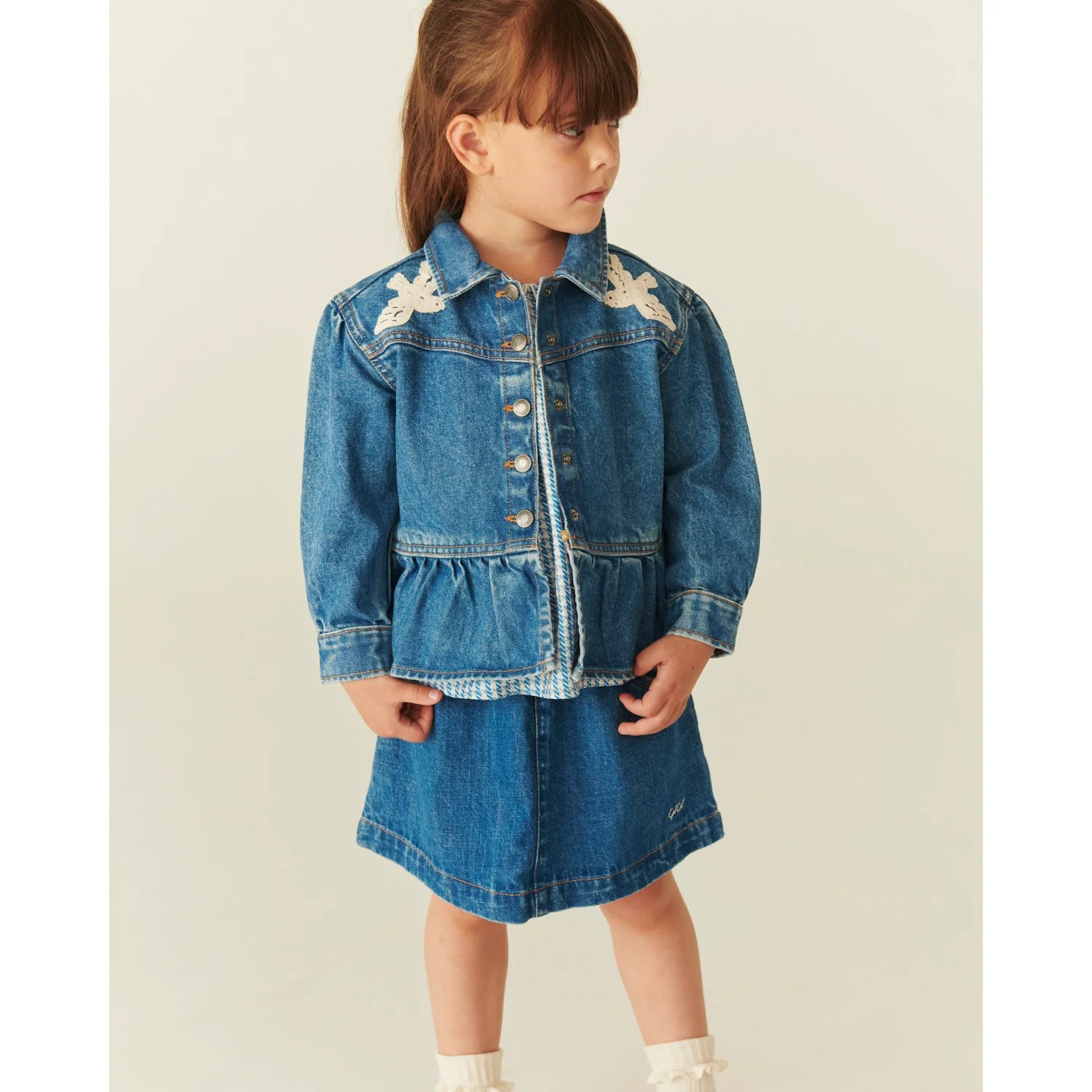COPENHAGEN COLORS Indigo Blue Washed Denim Frill Jacket W. Crochet Doves - Image 16