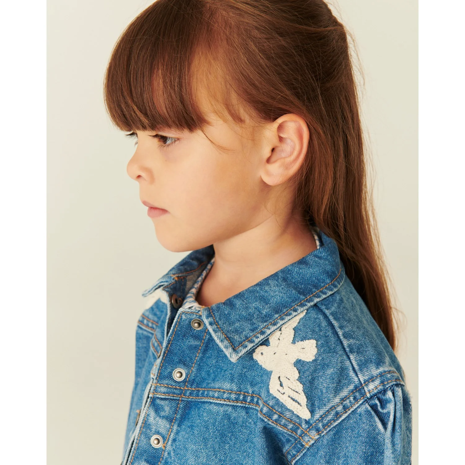 COPENHAGEN COLORS Indigo Blue Washed Denim Frill Jacket W. Crochet Doves - Image 17