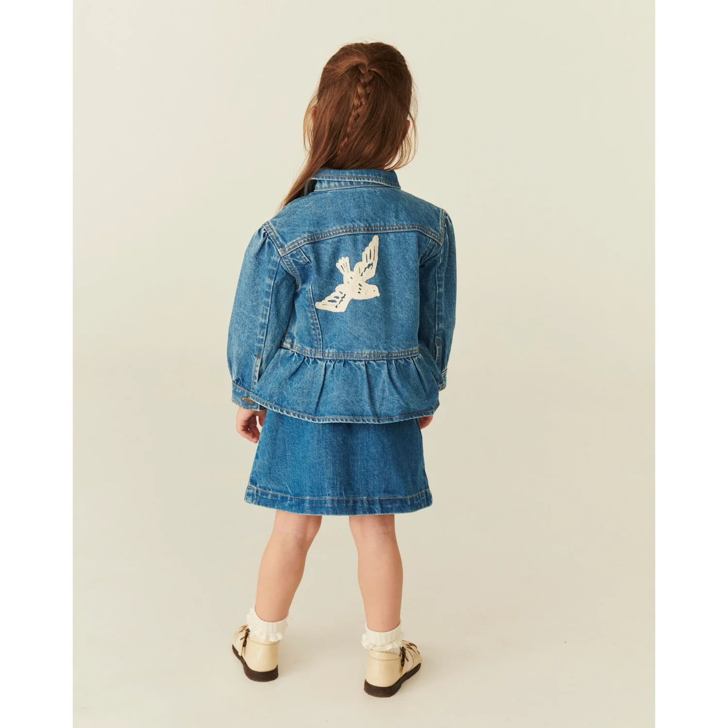 COPENHAGEN COLORS Indigo Blue Washed Denim Frill Jacket W. Crochet Doves - Image 18