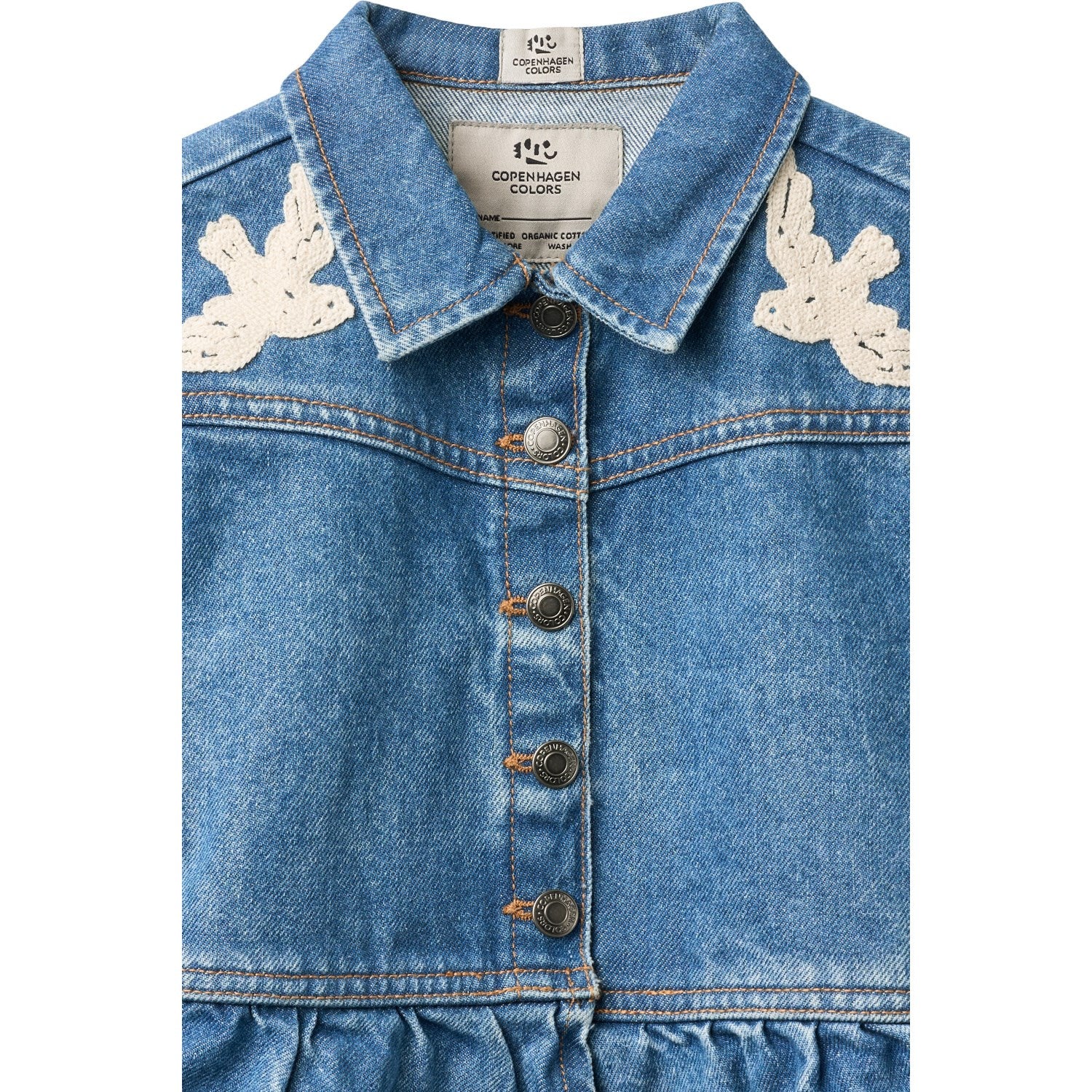 COPENHAGEN COLORS Indigo Blue Washed Denim Frill Jacket W. Crochet Doves - Image 19
