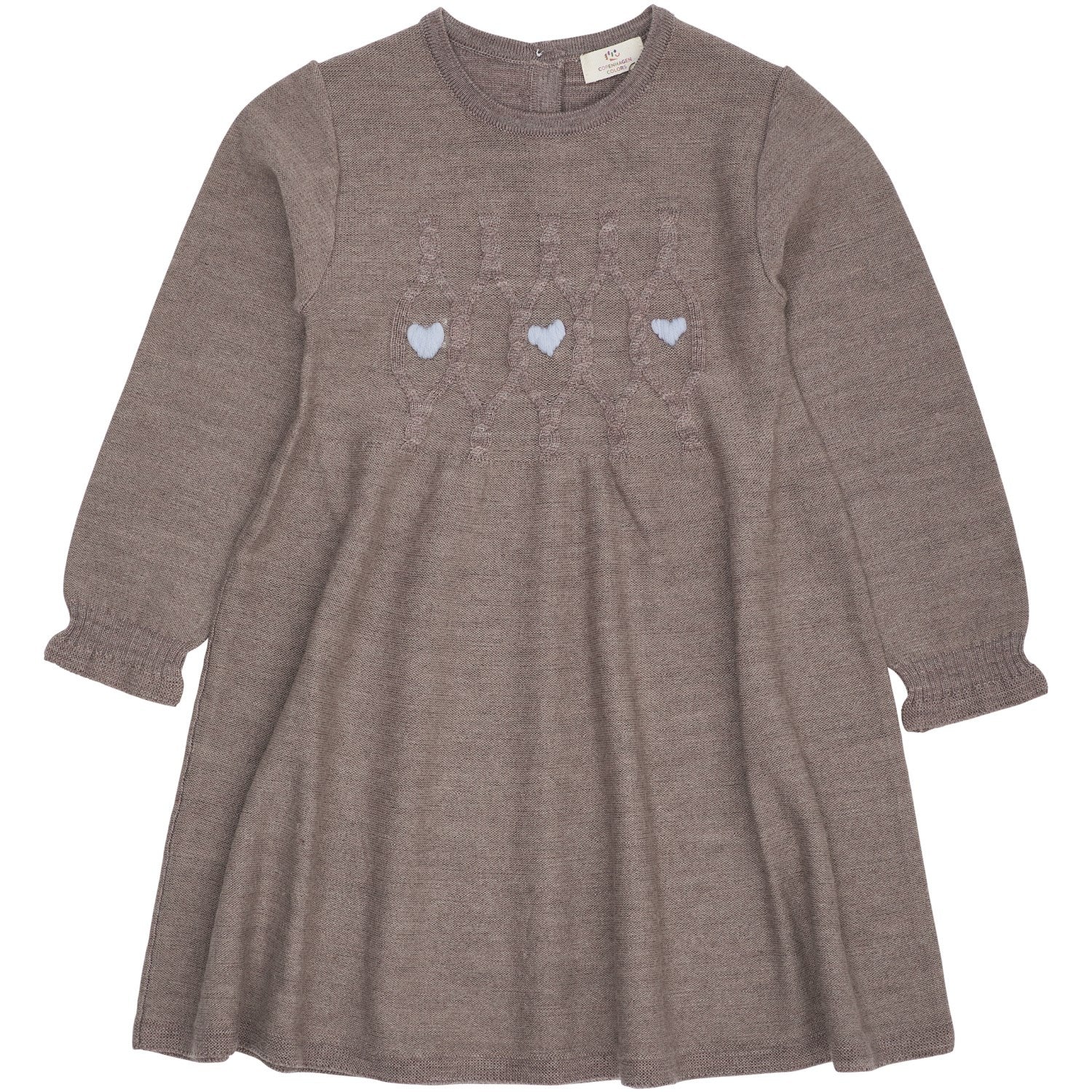 COPENHAGEN COLORS Natural Mel. W. Dusty Blue Heart Merino Ls Cable Dress W. Hearts