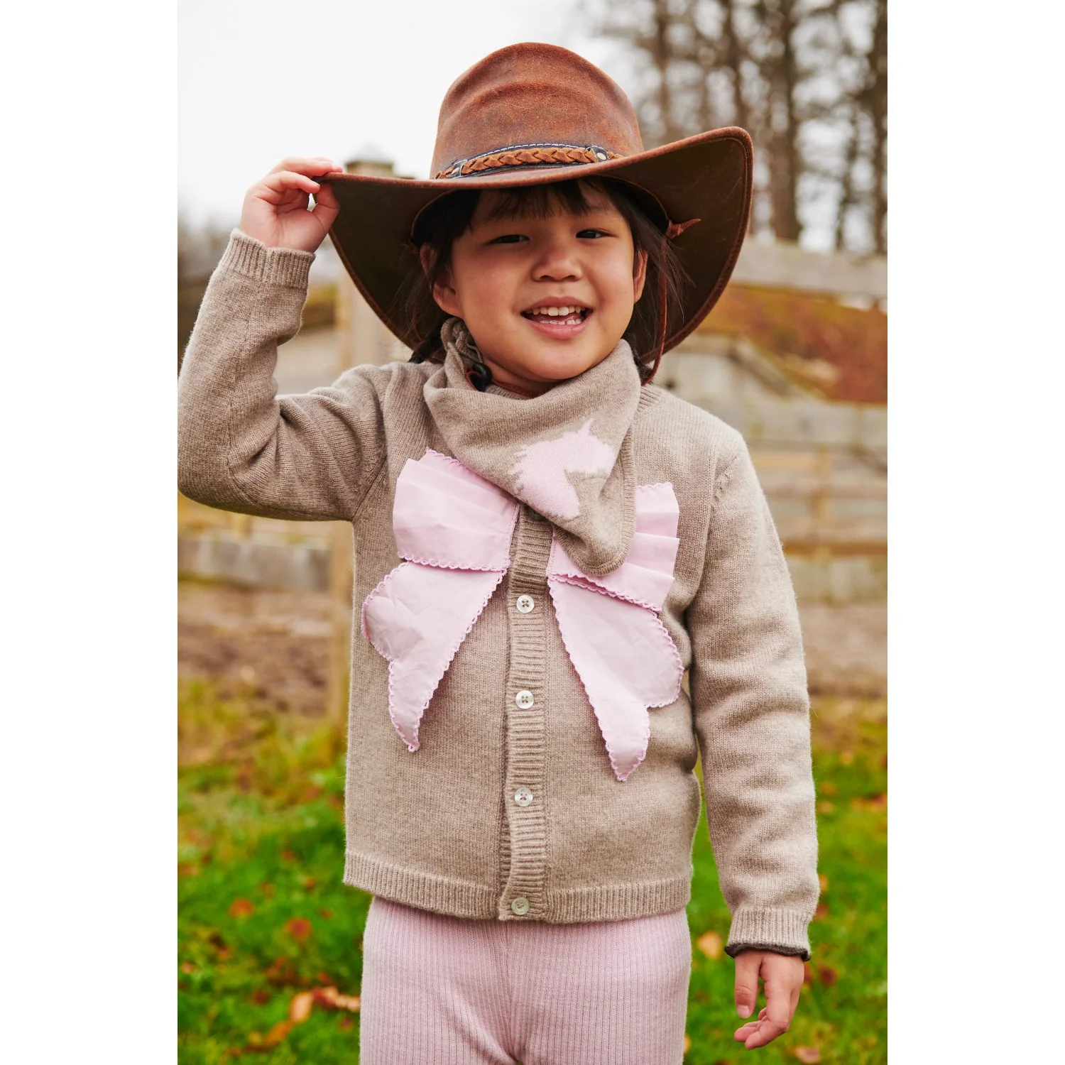 COPENHAGEN COLORS Sand/Lavender Comb. Cashmere Cardigan W. Poplin Bow - Image 3