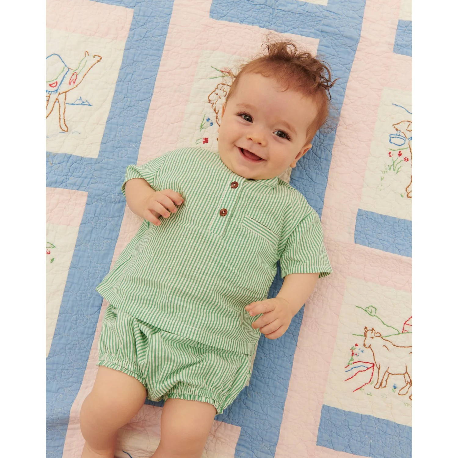 COPENHAGEN COLORS Sharp Green W Cream Stripe Seersucker Baby Set - Image 3