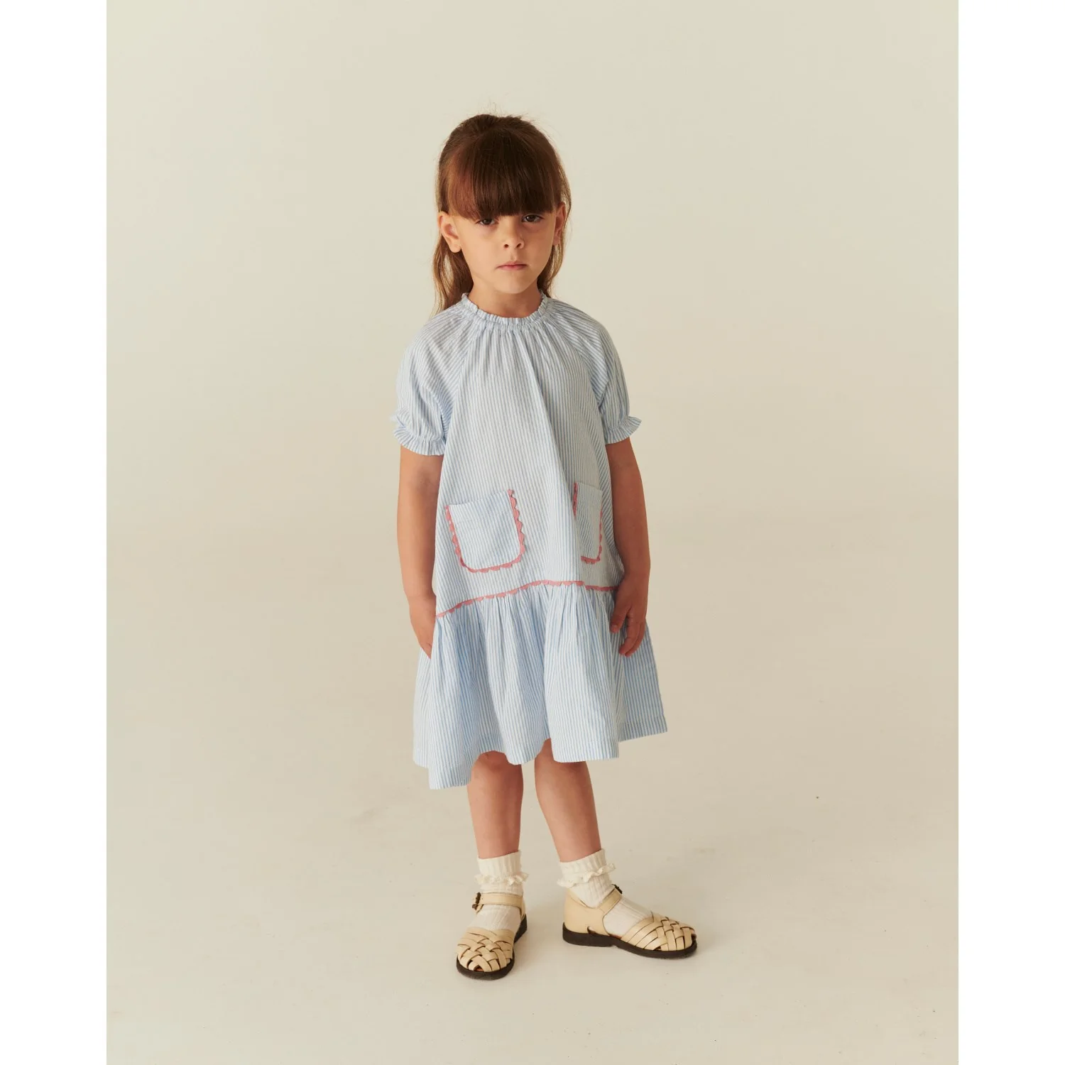 COPENHAGEN COLORS Sky Blue W Cream Stripe Seersucker Dress W. Pockets - Image 2