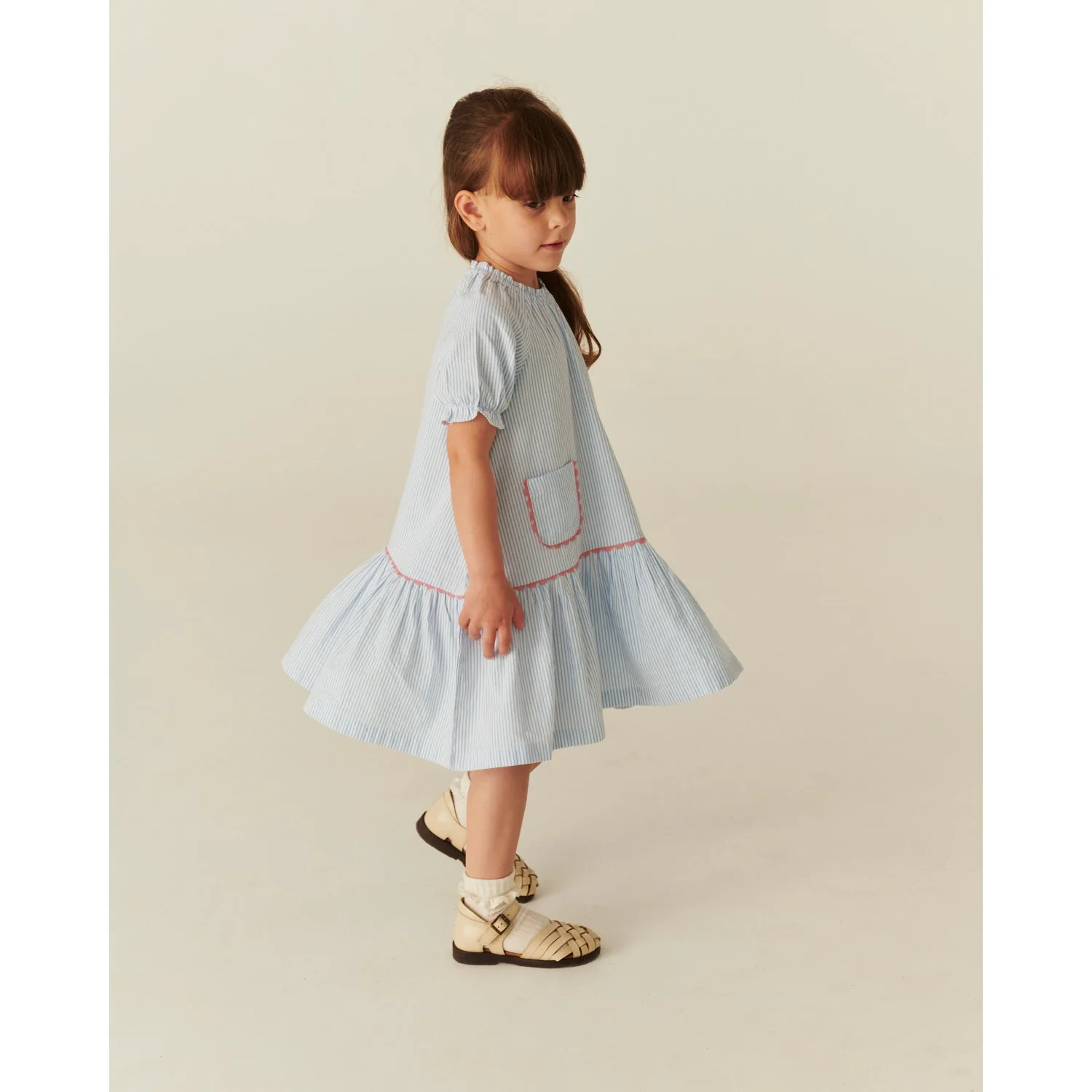 COPENHAGEN COLORS Sky Blue W Cream Stripe Seersucker Dress W. Pockets - Image 3