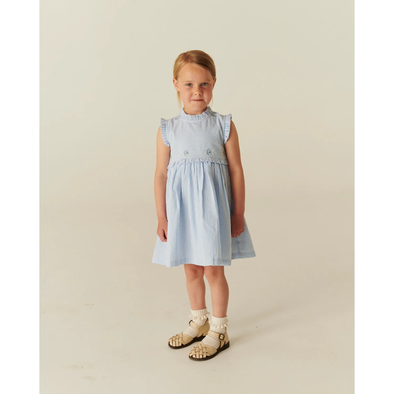 COPENHAGEN COLORS Sky Blue W Cream Stripe Seersucker Dress W. Ruffles And Emb. - Image 2