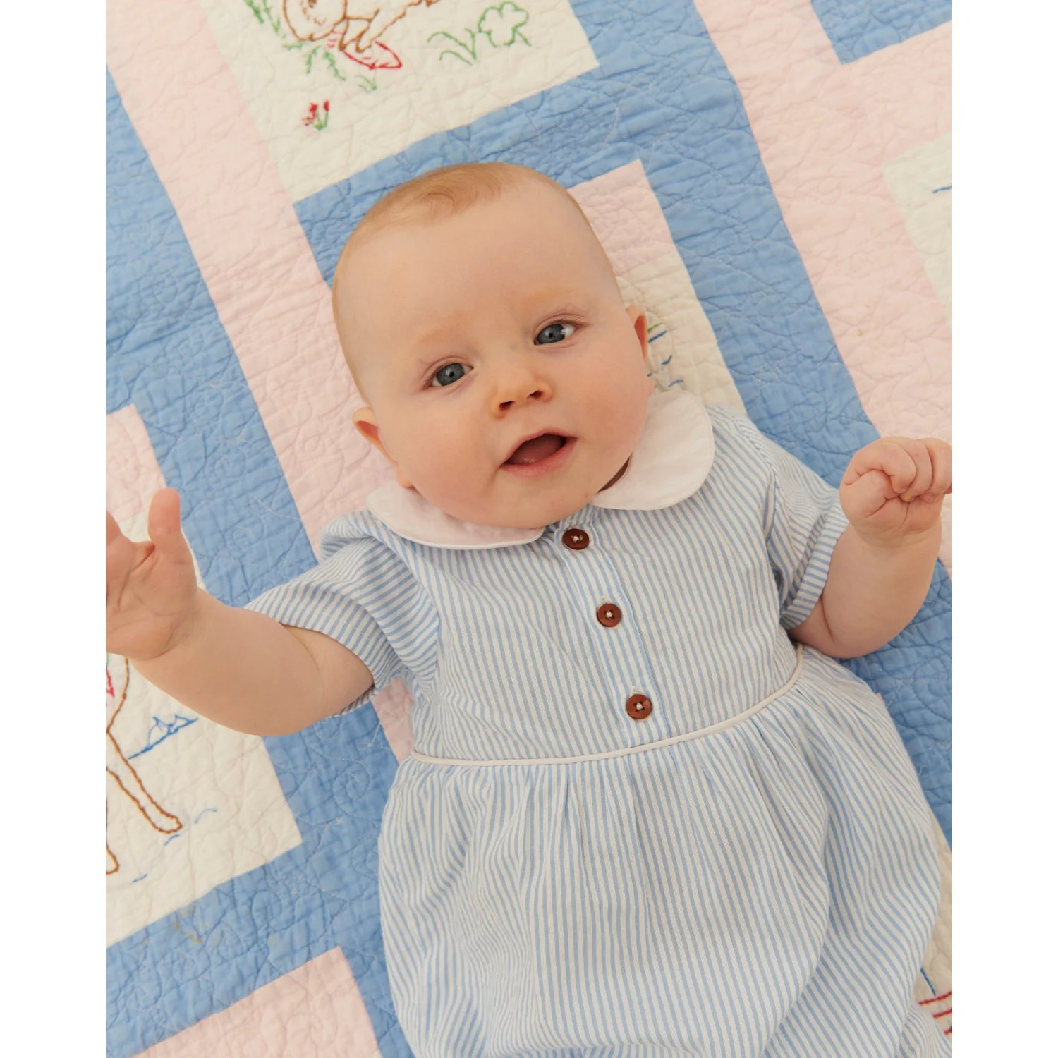 COPENHAGEN COLORS Sky Blue W Cream Stripe Seersucker Romper W. Collar - Image 3