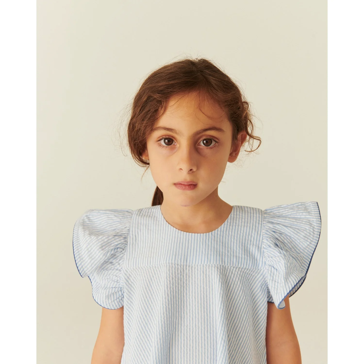 COPENHAGEN COLORS Sky Blue W Cream Stripe W Ocean Blue Seersucker Dress W. Frill Sleeves - Image 2