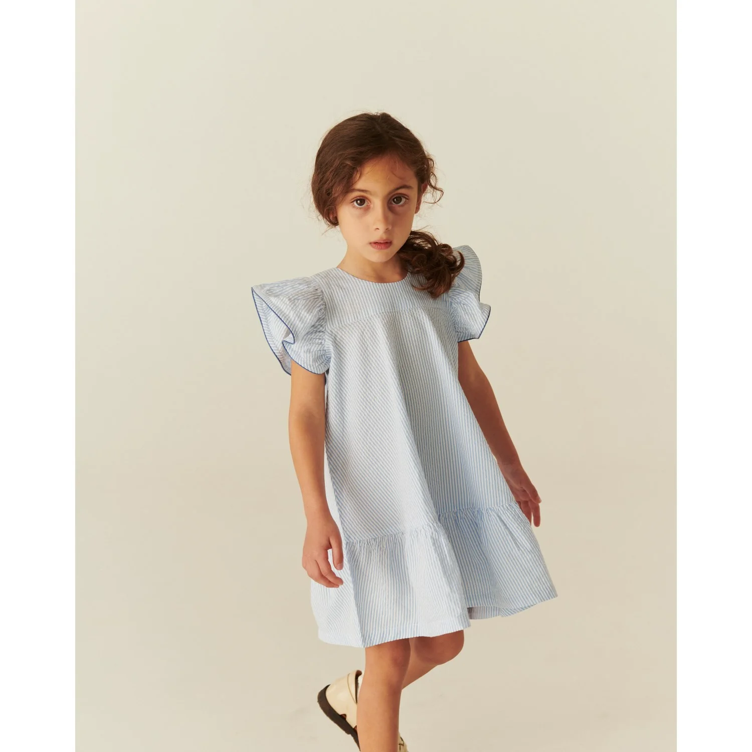 COPENHAGEN COLORS Sky Blue W Cream Stripe W Ocean Blue Seersucker Dress W. Frill Sleeves - Image 3