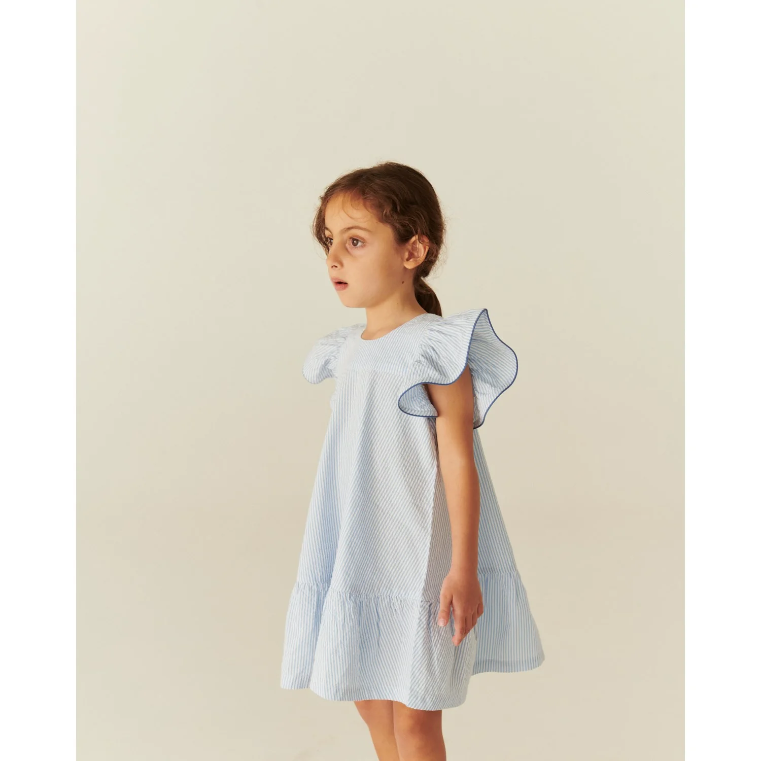 COPENHAGEN COLORS Sky Blue W Cream Stripe W Ocean Blue Seersucker Dress W. Frill Sleeves - Image 4