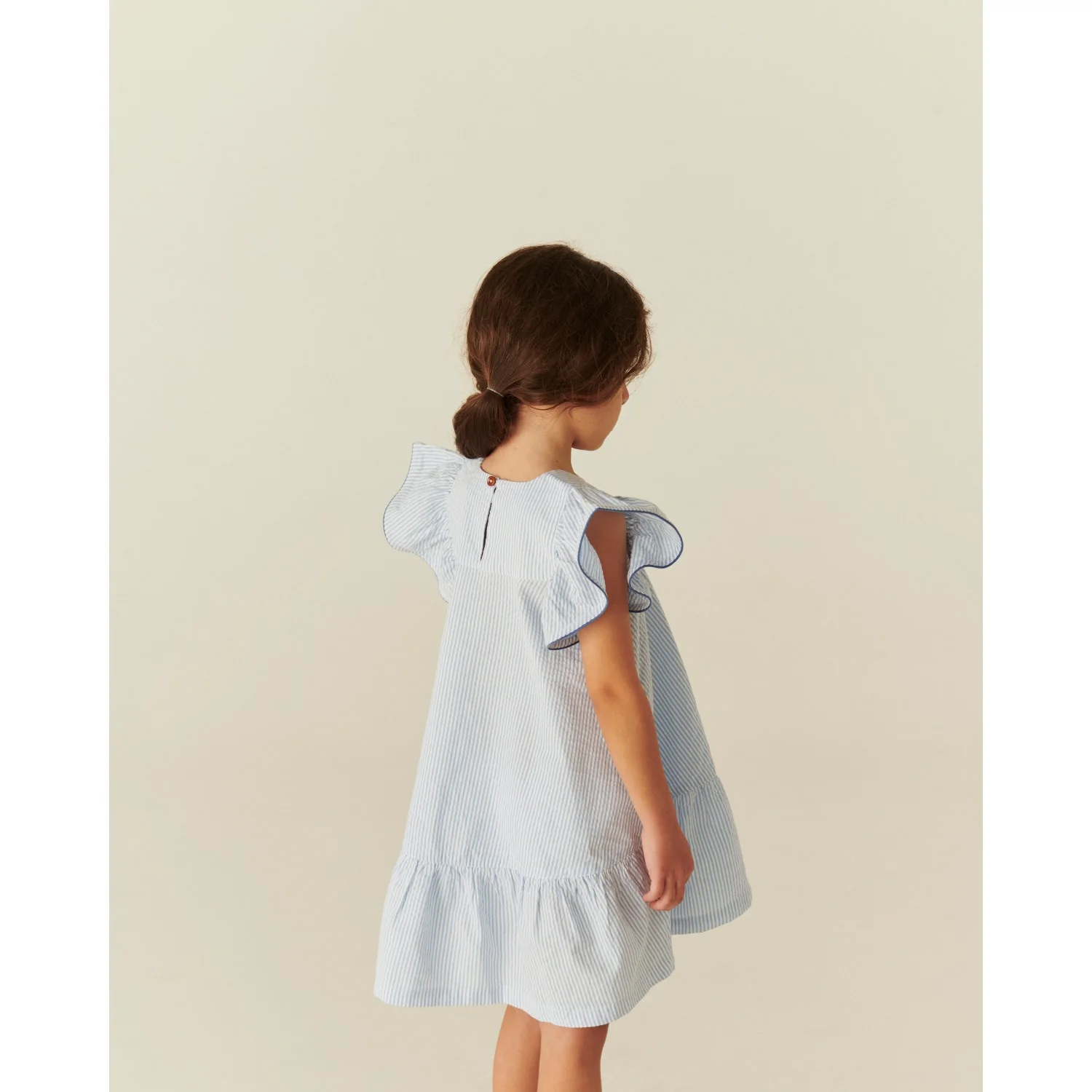 COPENHAGEN COLORS Sky Blue W Cream Stripe W Ocean Blue Seersucker Dress W. Frill Sleeves - Image 5
