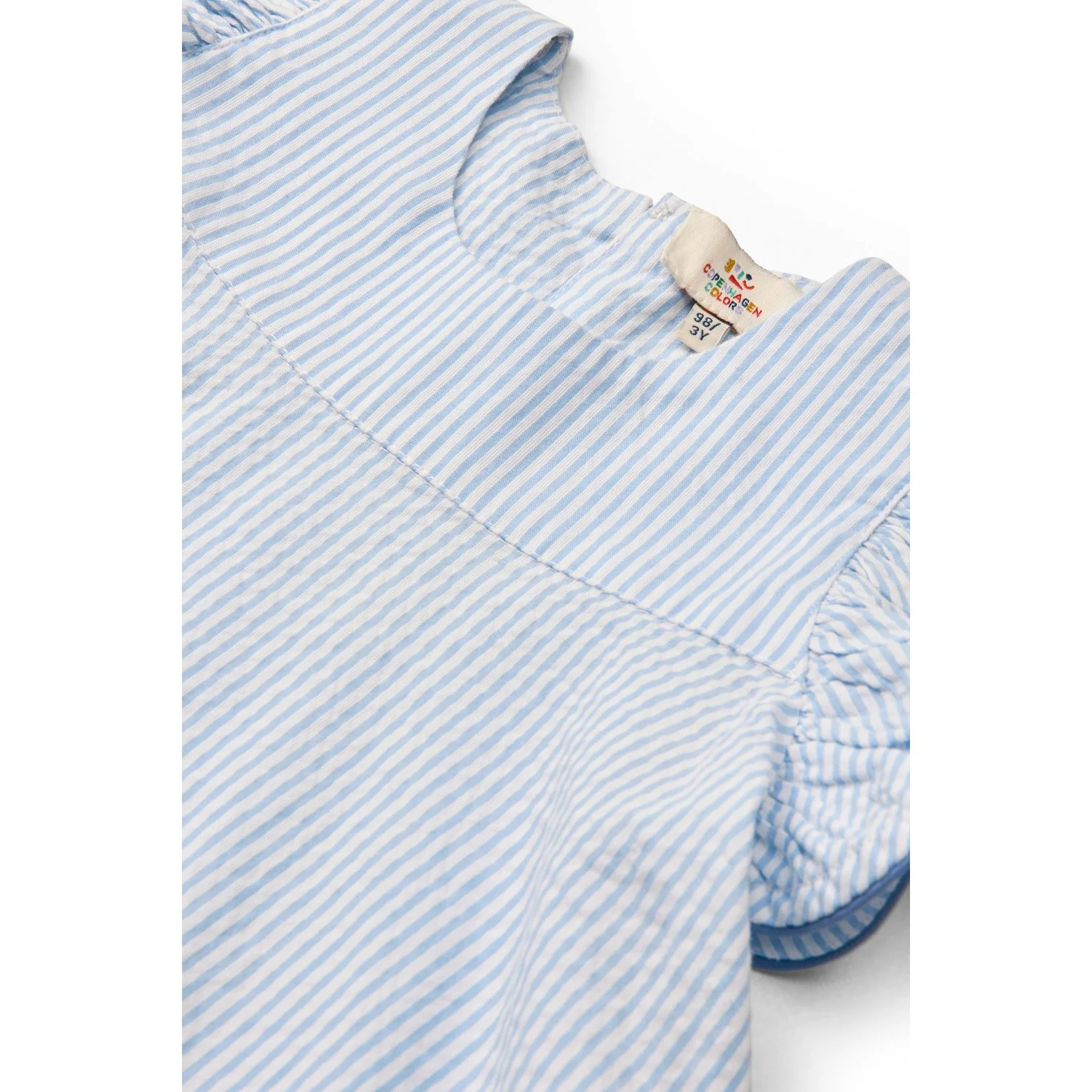 COPENHAGEN COLORS Sky Blue W Cream Stripe W Ocean Blue Seersucker Dress W. Frill Sleeves - Image 6